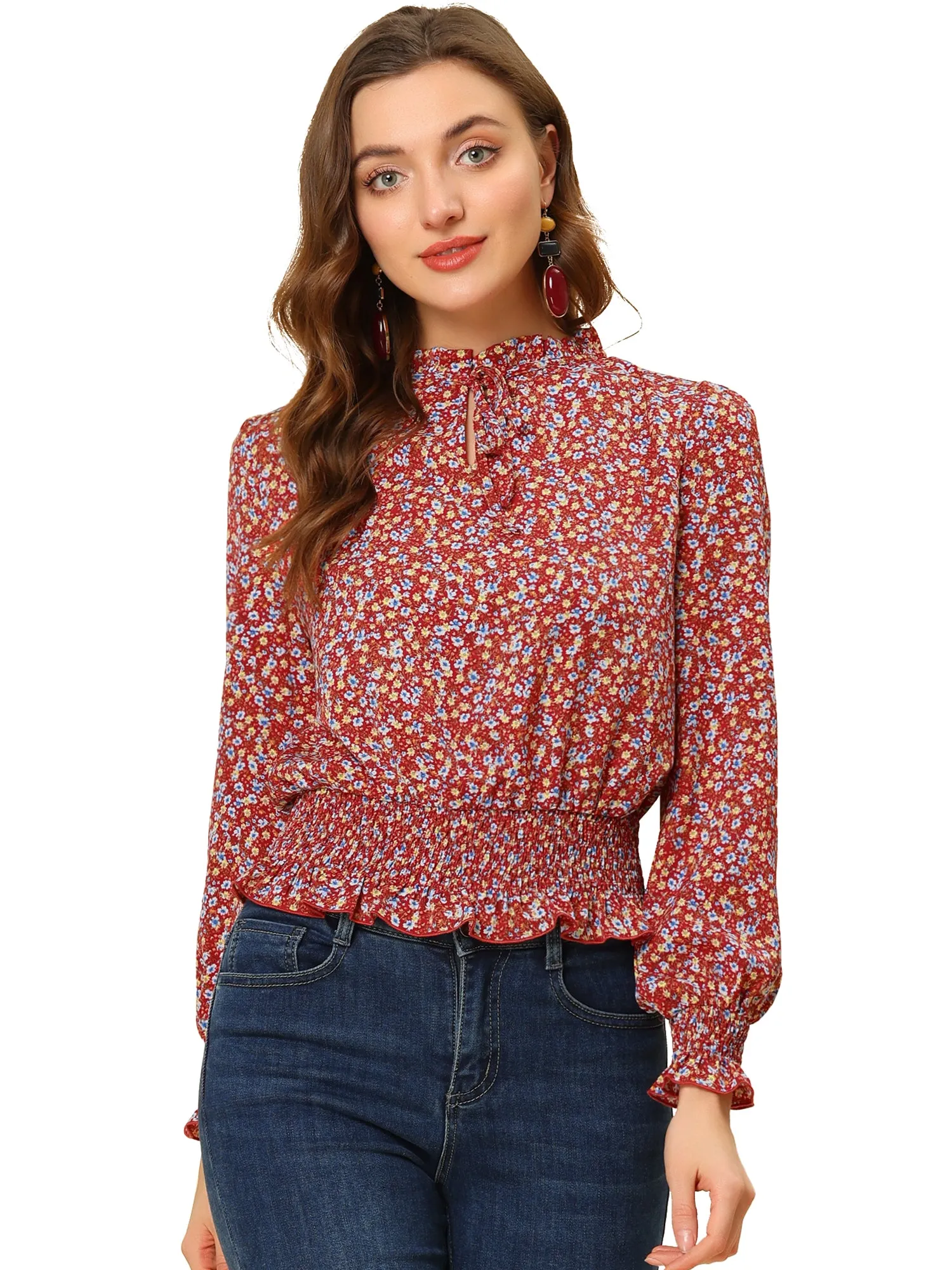 Ditsy Floral Blouse Ruffle Tie Neck Long Sleeve Peplum Smocked Tops