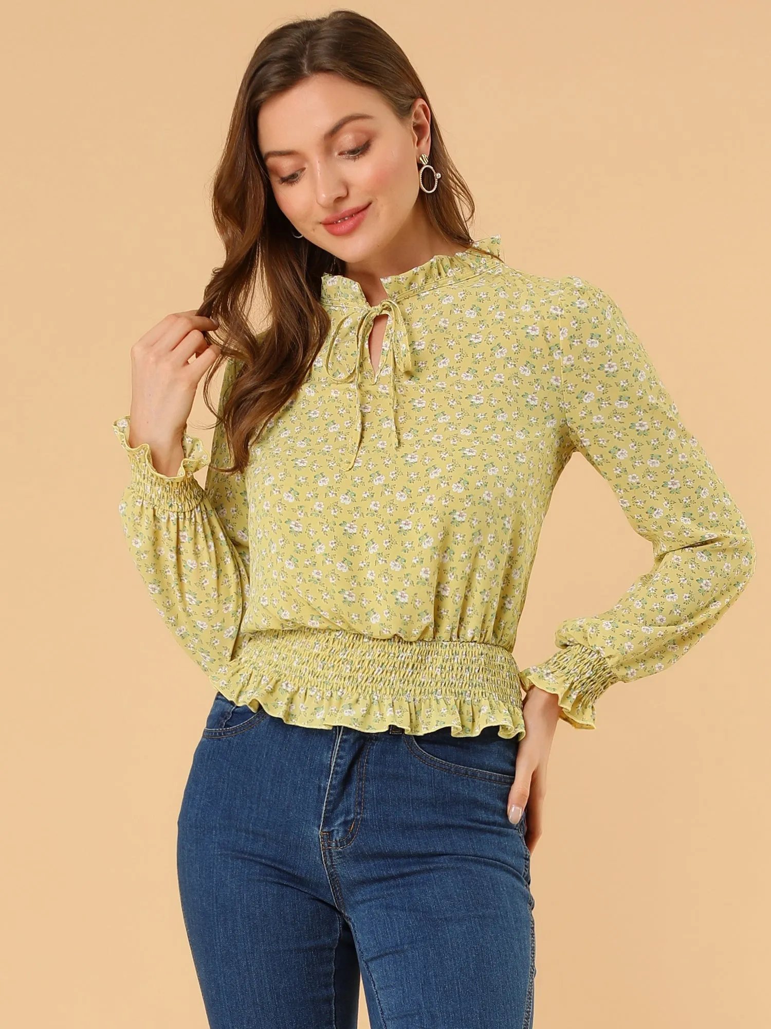 Ditsy Floral Blouse Ruffle Tie Neck Long Sleeve Peplum Smocked Tops