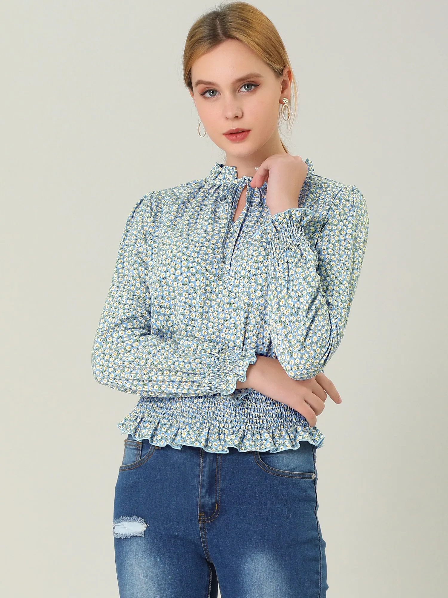 Ditsy Floral Blouse Ruffle Tie Neck Long Sleeve Peplum Smocked Tops