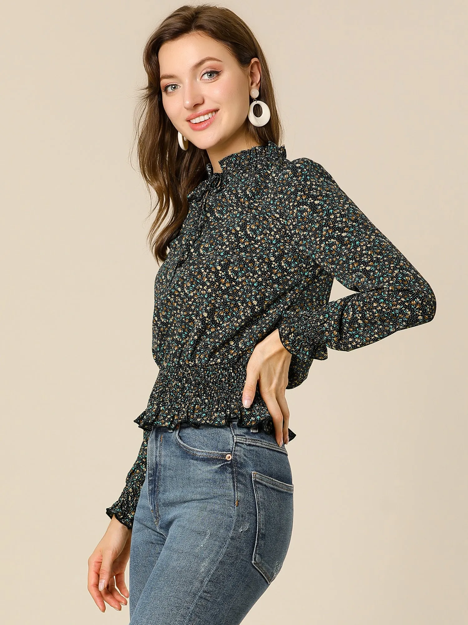 Ditsy Floral Blouse Ruffle Tie Neck Long Sleeve Peplum Smocked Tops