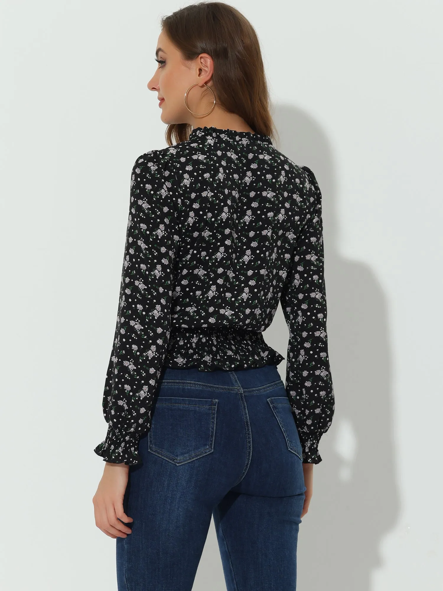 Ditsy Floral Blouse Ruffle Tie Neck Long Sleeve Peplum Smocked Tops