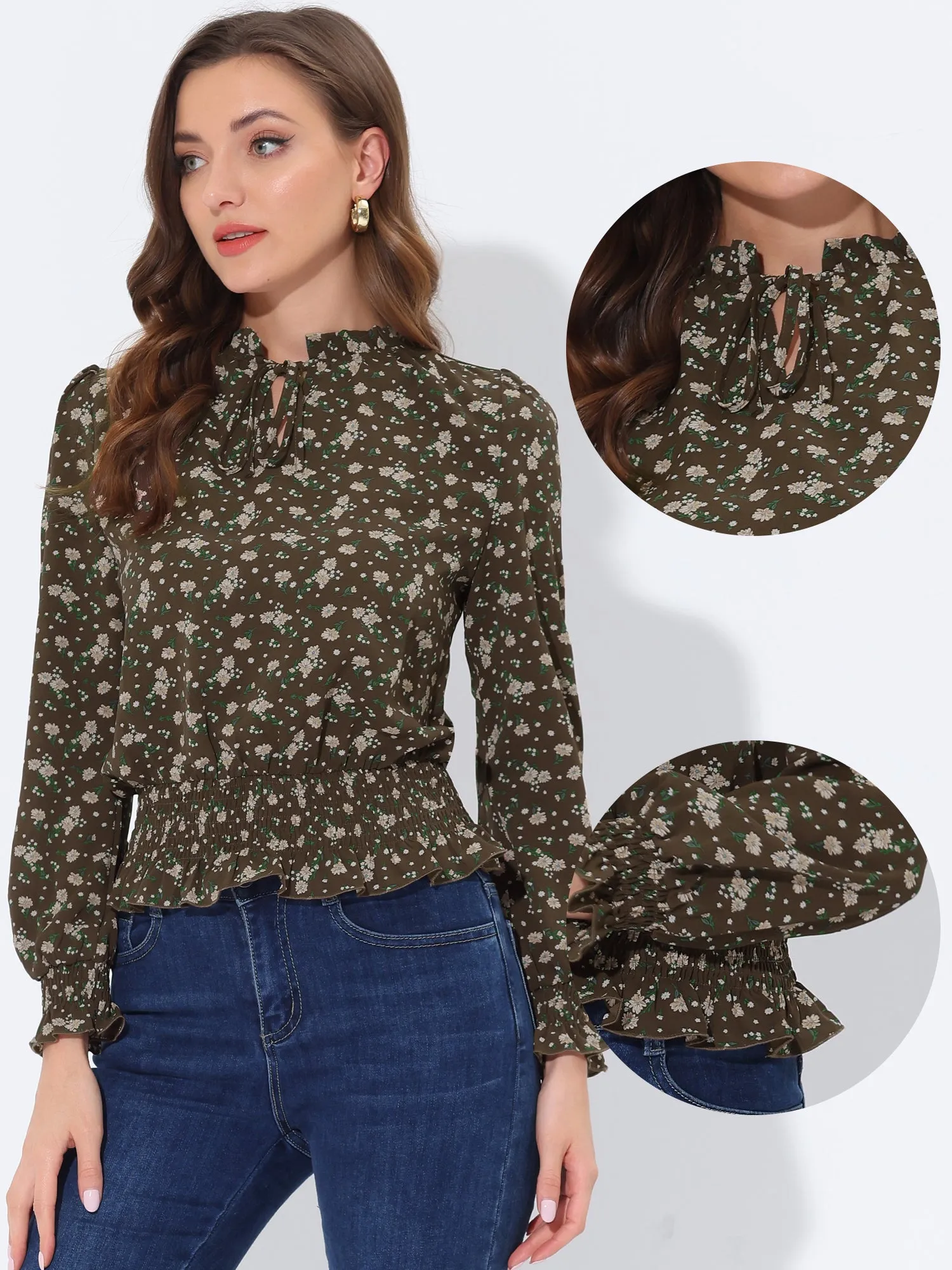 Ditsy Floral Blouse Ruffle Tie Neck Long Sleeve Peplum Smocked Tops