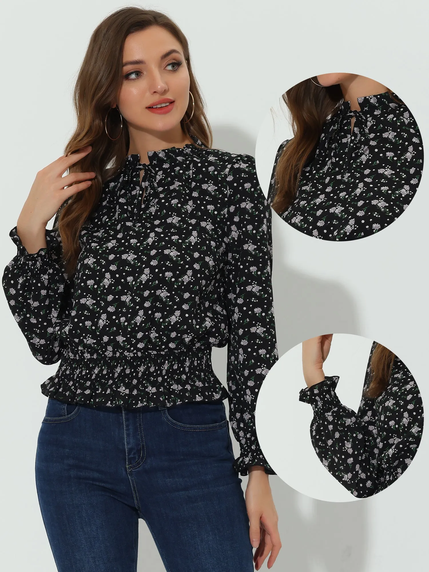 Ditsy Floral Blouse Ruffle Tie Neck Long Sleeve Peplum Smocked Tops