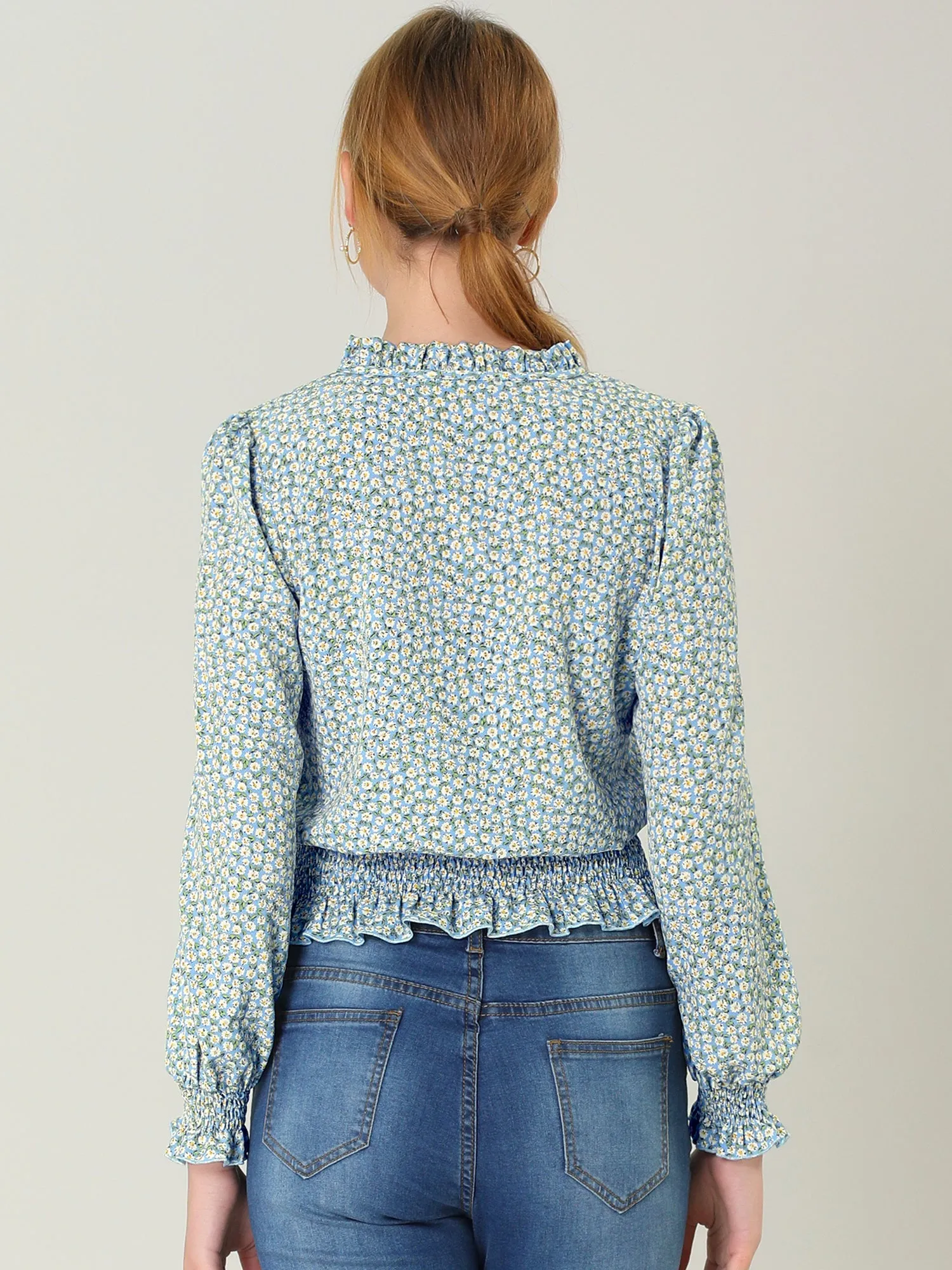 Ditsy Floral Blouse Ruffle Tie Neck Long Sleeve Peplum Smocked Tops