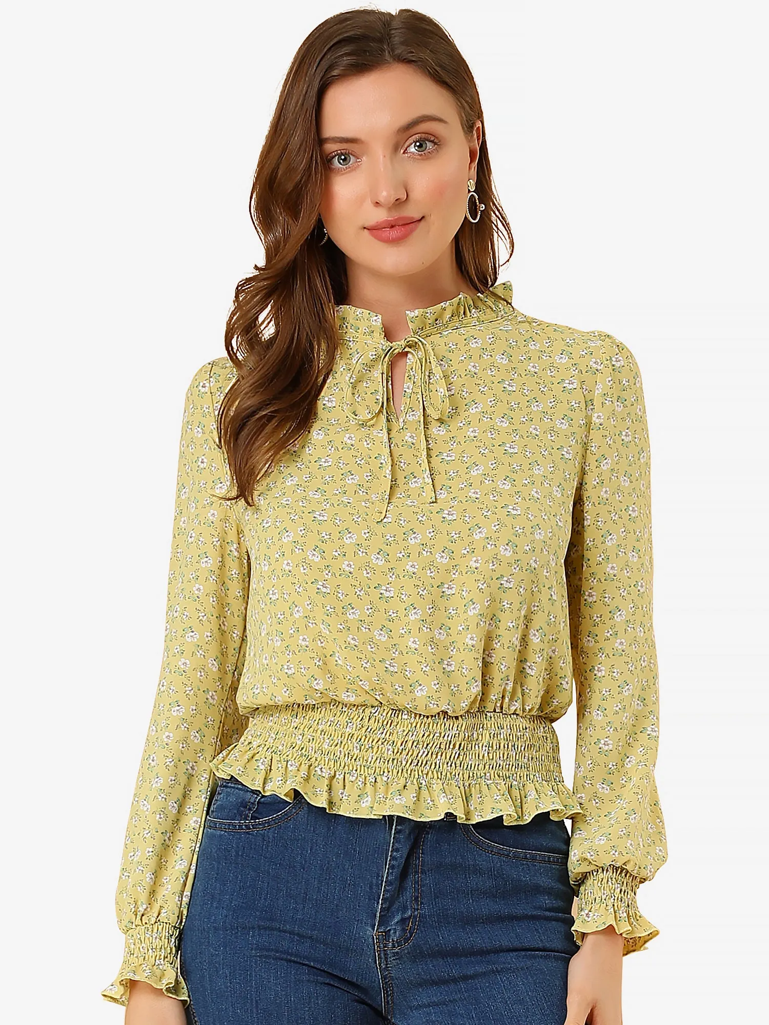 Ditsy Floral Blouse Ruffle Tie Neck Long Sleeve Peplum Smocked Tops
