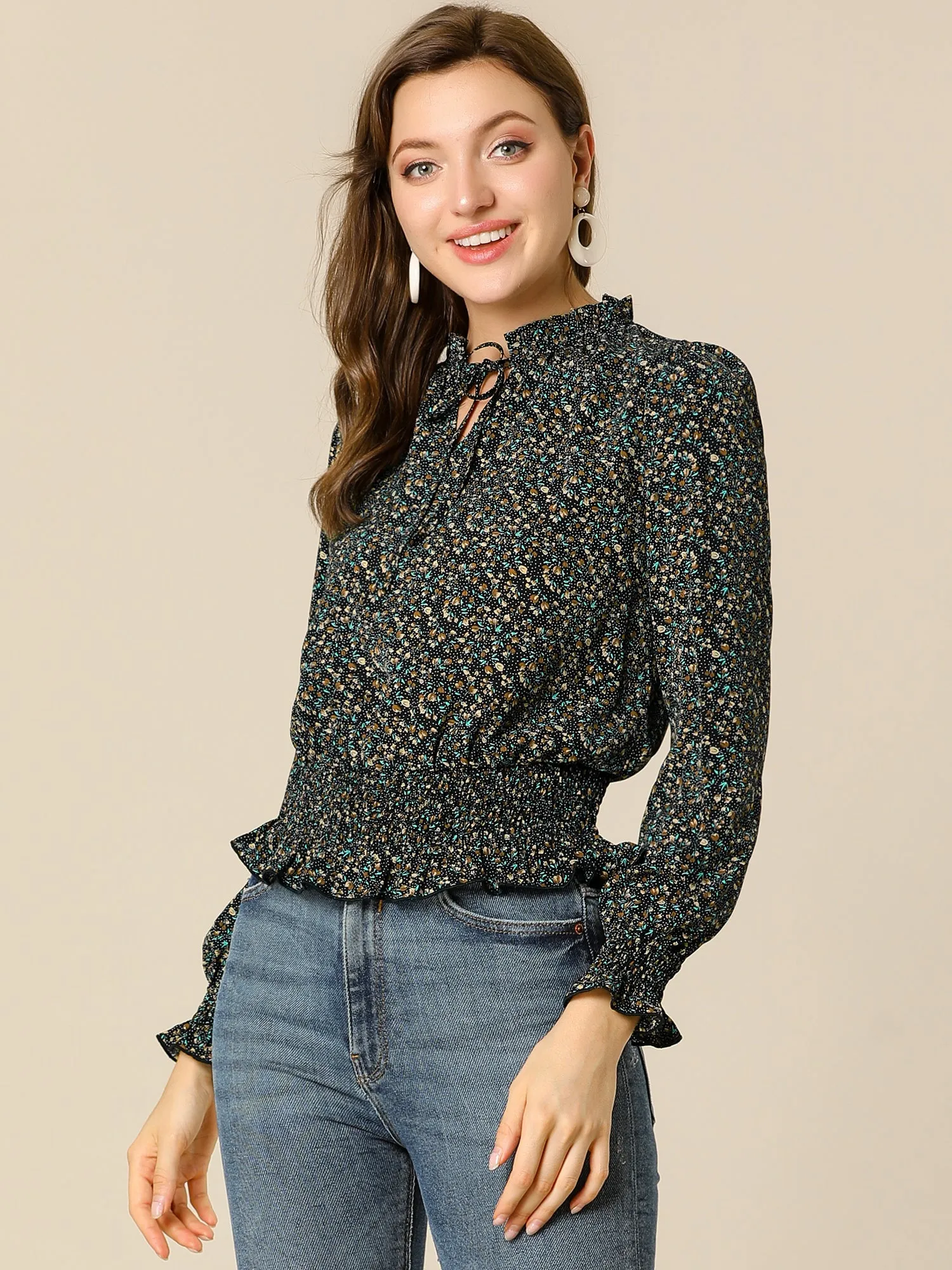 Ditsy Floral Blouse Ruffle Tie Neck Long Sleeve Peplum Smocked Tops