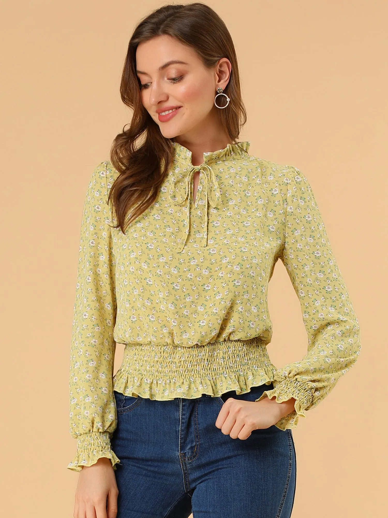 Ditsy Floral Blouse Ruffle Tie Neck Long Sleeve Peplum Smocked Tops