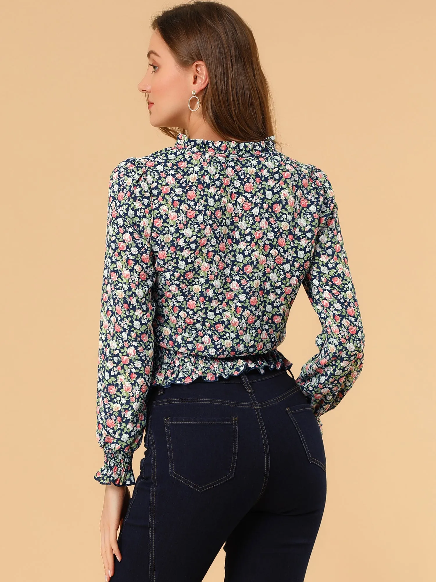 Ditsy Floral Blouse Ruffle Tie Neck Long Sleeve Peplum Smocked Tops