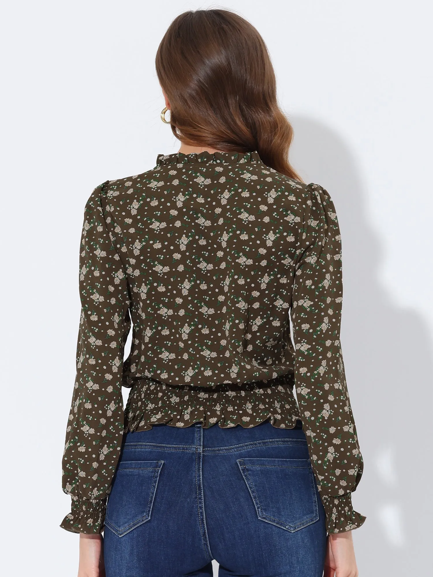 Ditsy Floral Blouse Ruffle Tie Neck Long Sleeve Peplum Smocked Tops