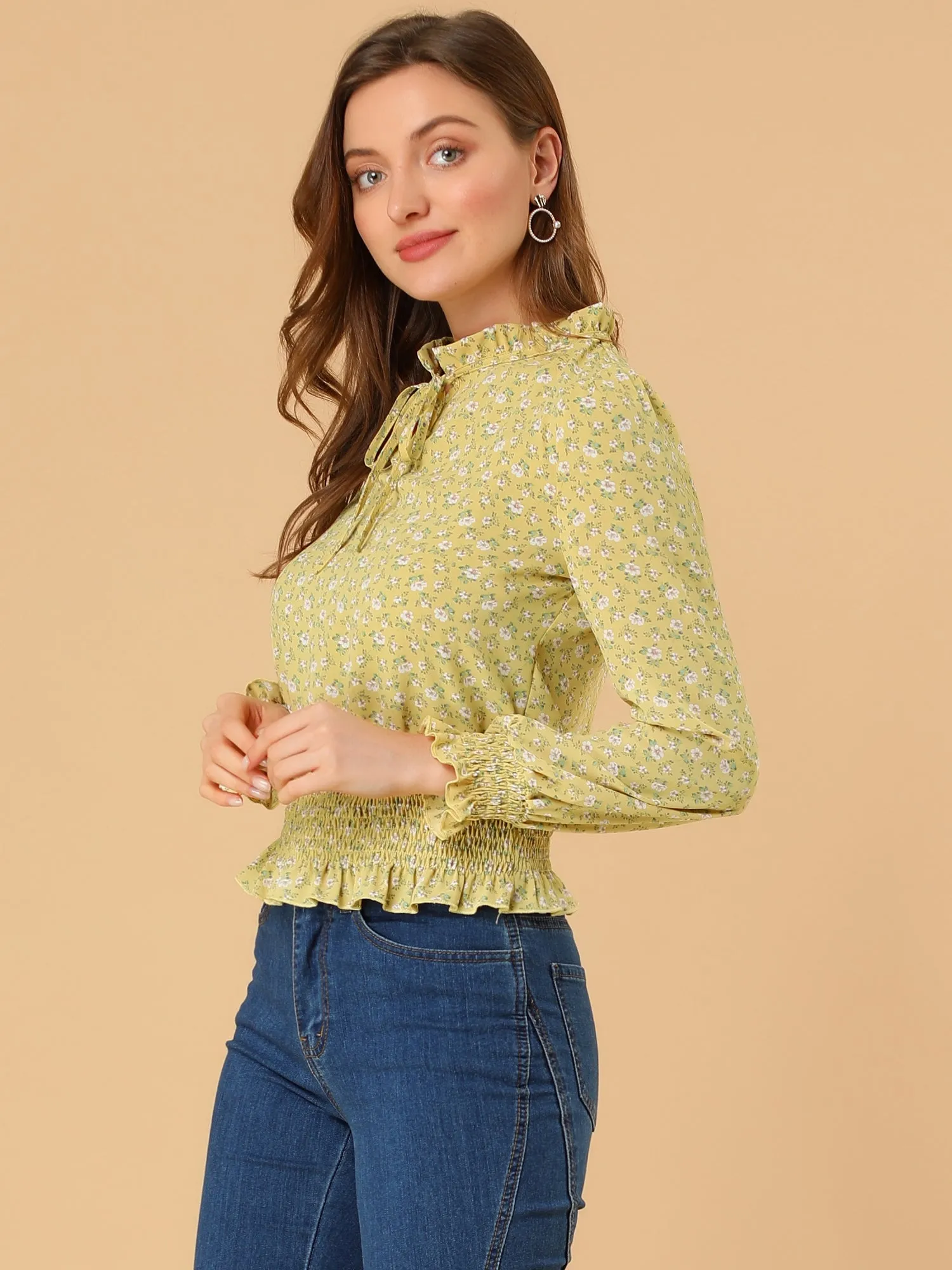 Ditsy Floral Blouse Ruffle Tie Neck Long Sleeve Peplum Smocked Tops