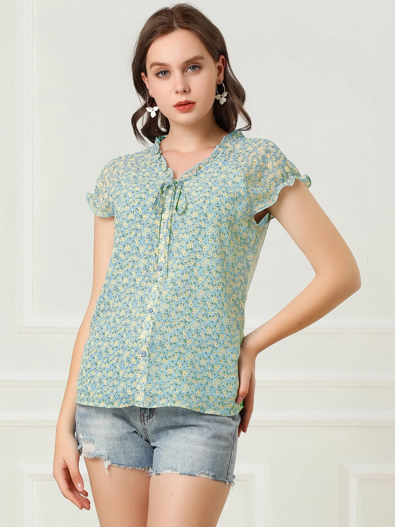 Ditsy Floral Print Chiffon Short Sleeve Ruffle Blouse