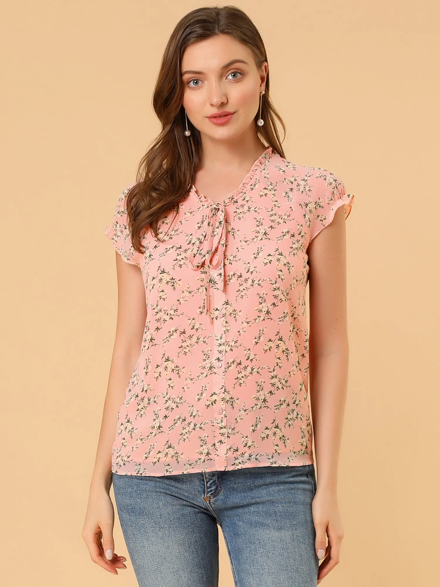 Ditsy Floral Print Chiffon Short Sleeve Ruffle Blouse