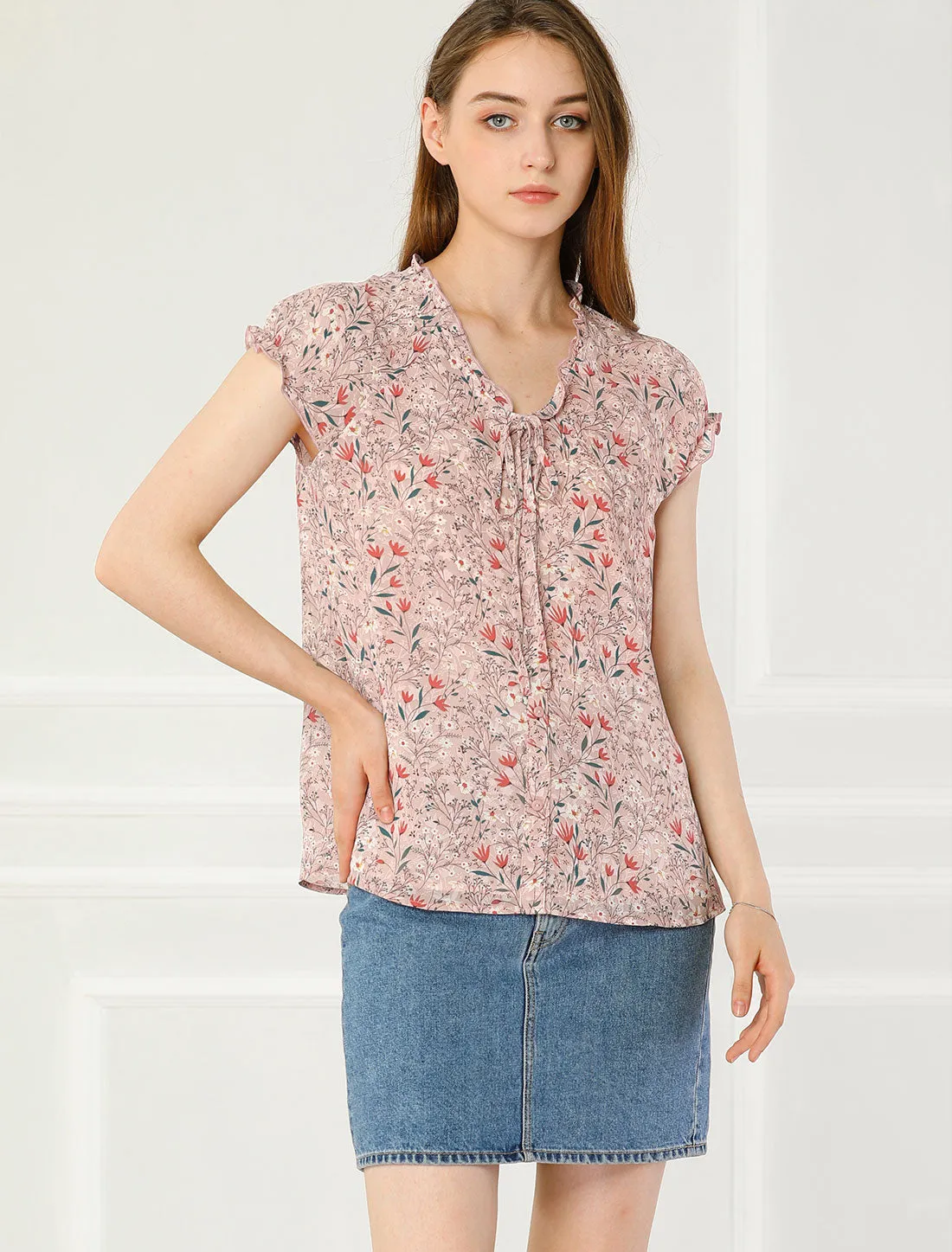 Ditsy Floral Print Chiffon Short Sleeve Ruffle Blouse