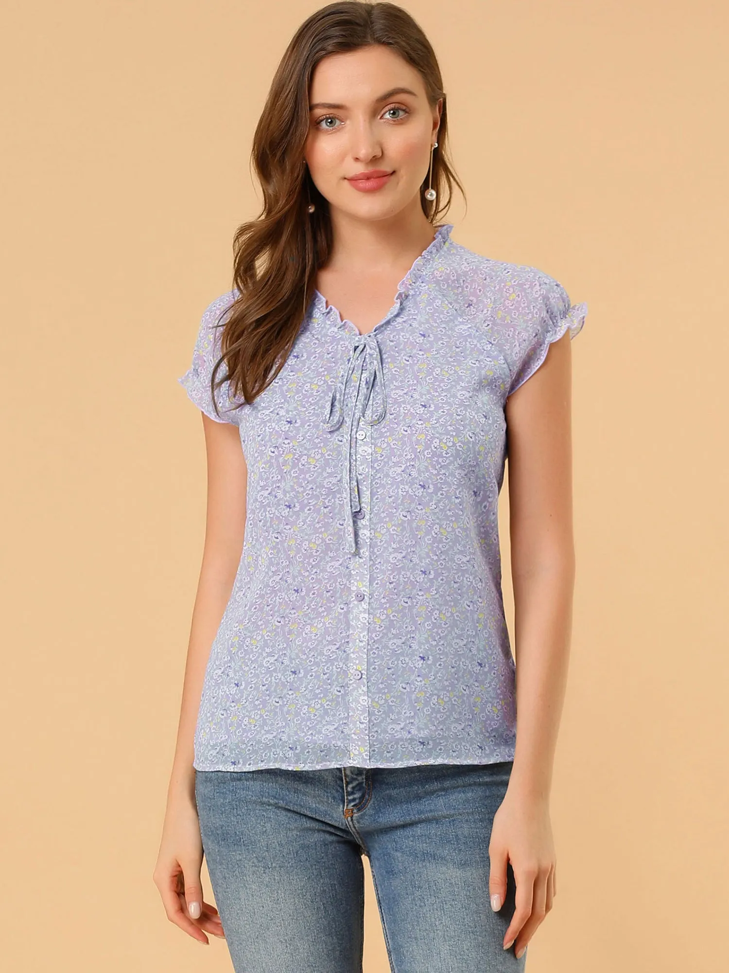 Ditsy Floral Print Chiffon Short Sleeve Ruffle Blouse