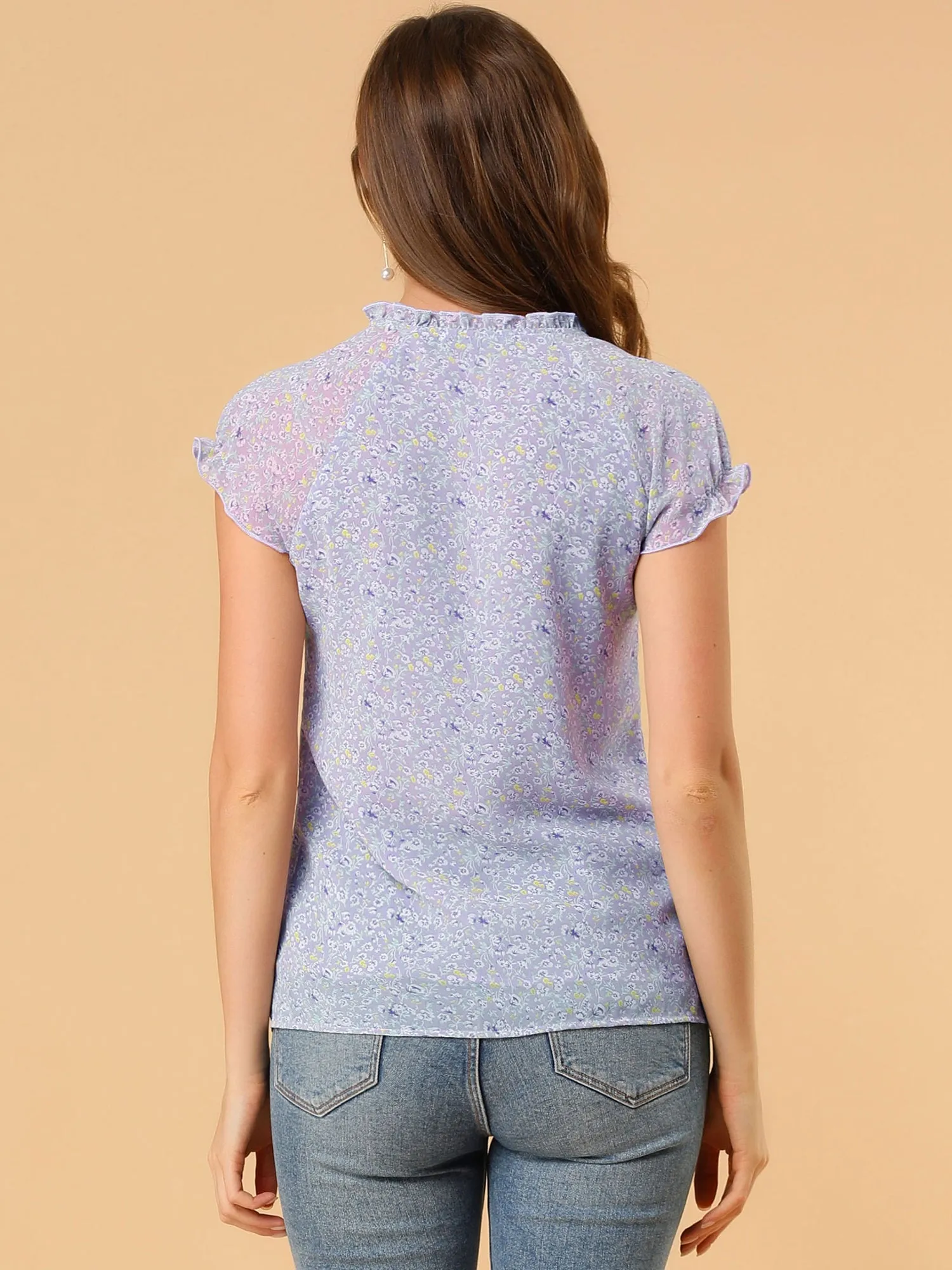 Ditsy Floral Print Chiffon Short Sleeve Ruffle Blouse