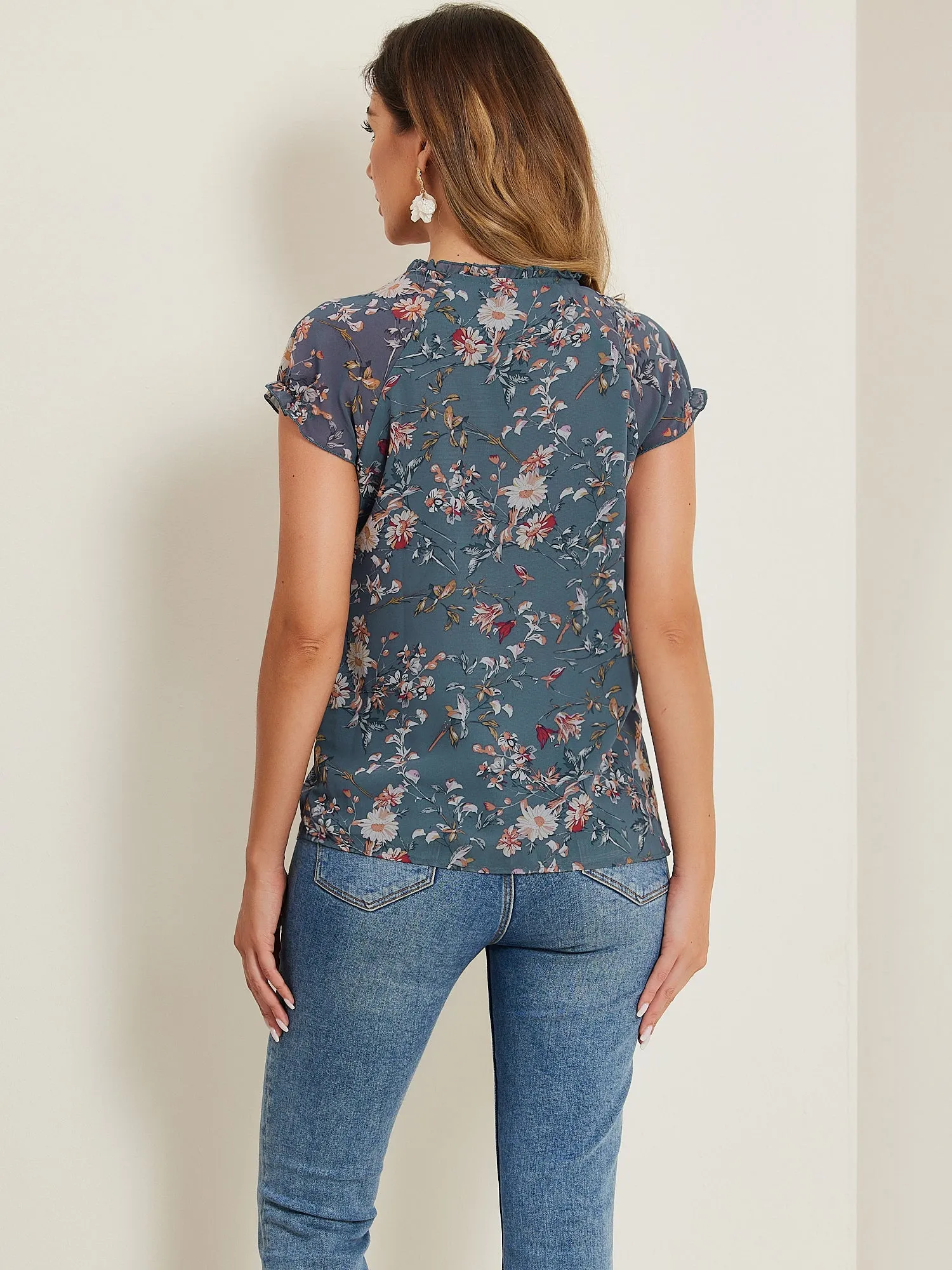Ditsy Floral Print Chiffon Short Sleeve Ruffle Blouse