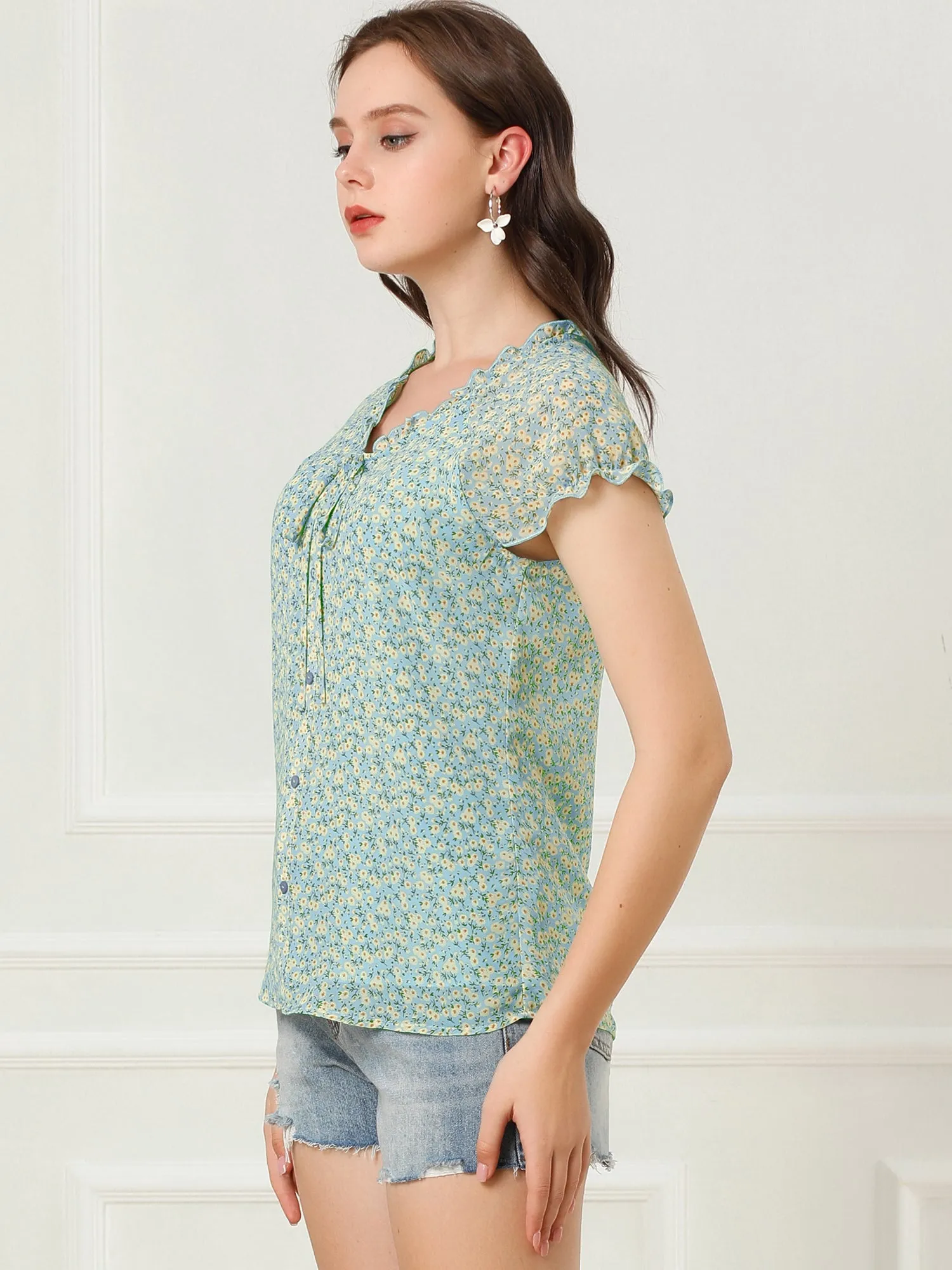 Ditsy Floral Print Chiffon Short Sleeve Ruffle Blouse