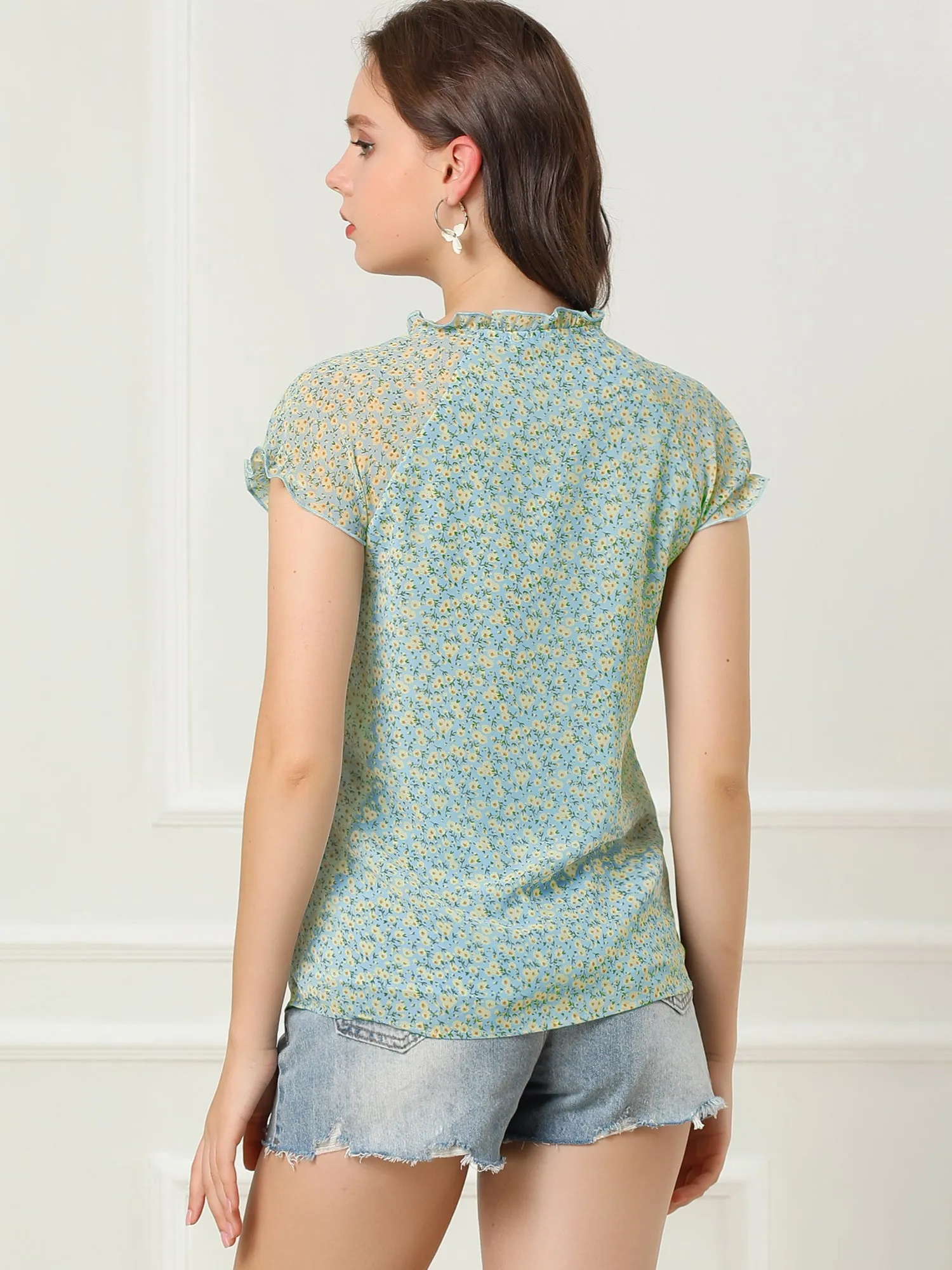 Ditsy Floral Print Chiffon Short Sleeve Ruffle Blouse