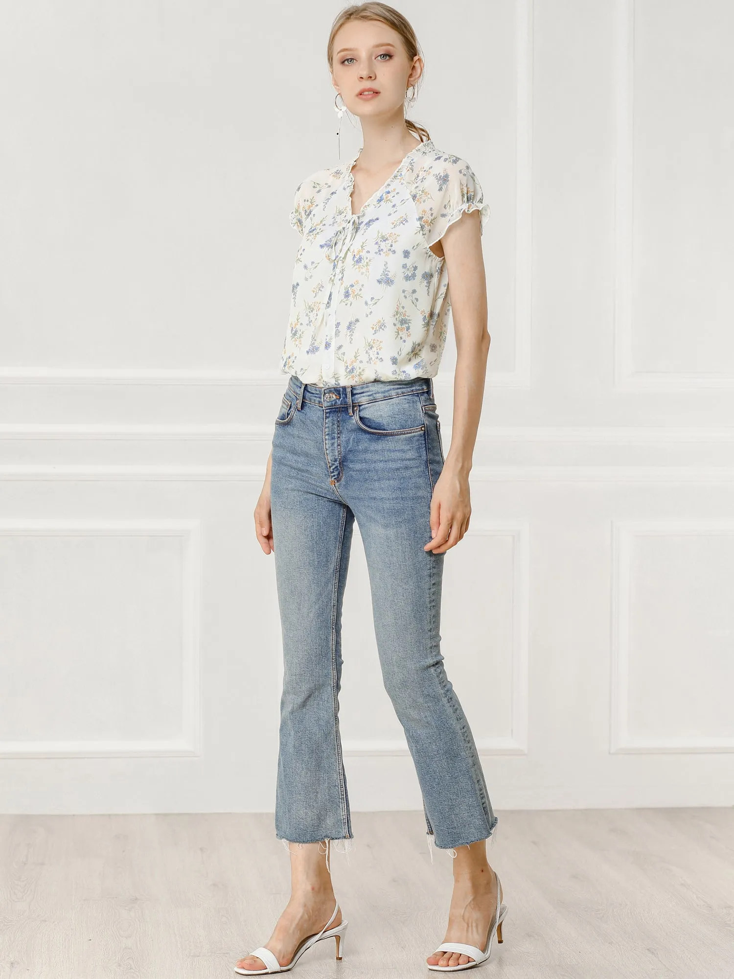 Ditsy Floral Print Chiffon Short Sleeve Ruffle Blouse