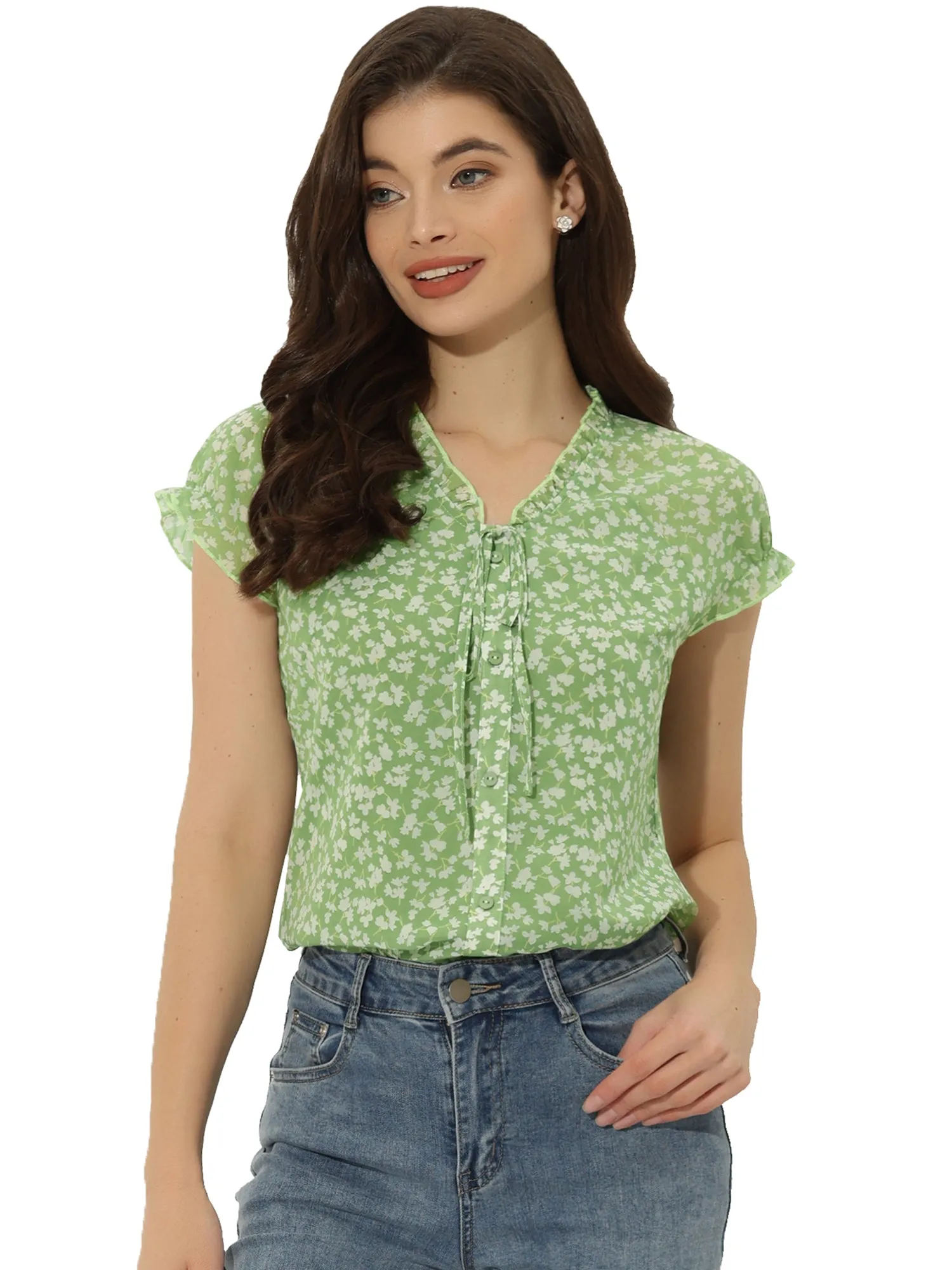 Ditsy Floral Print Chiffon Short Sleeve Ruffle Blouse