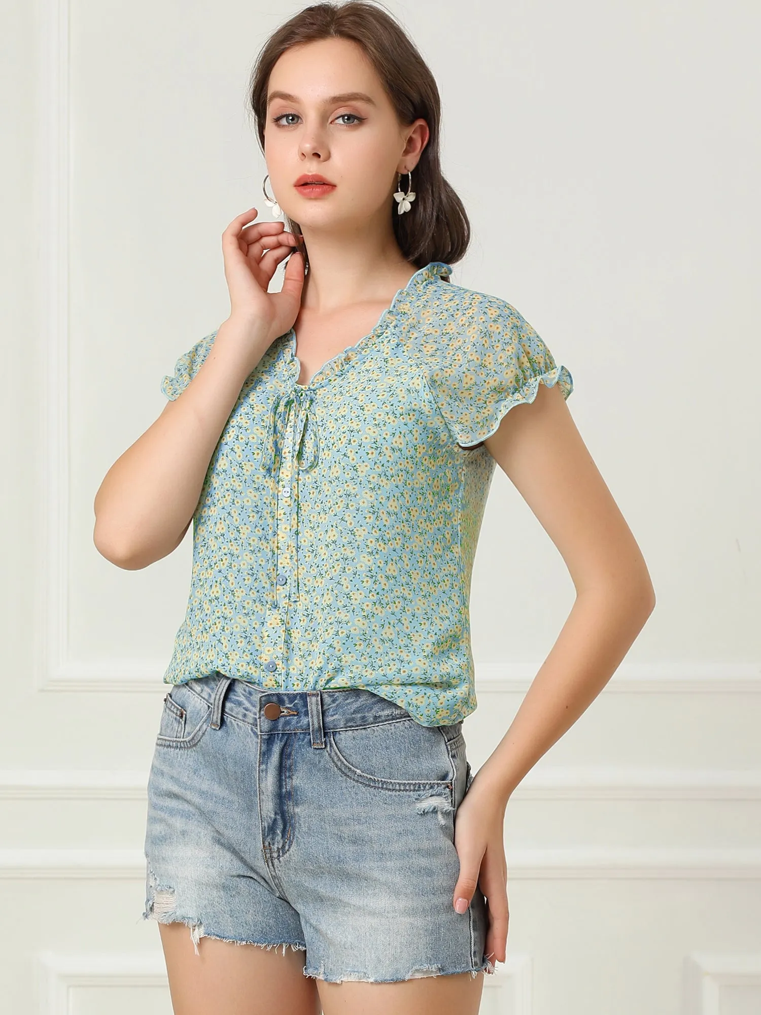 Ditsy Floral Print Chiffon Short Sleeve Ruffle Blouse