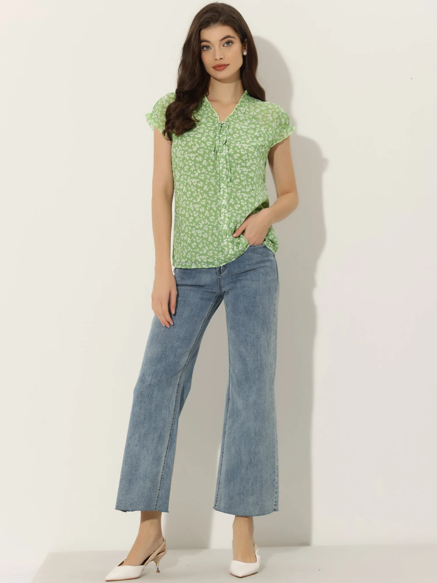 Ditsy Floral Print Chiffon Short Sleeve Ruffle Blouse