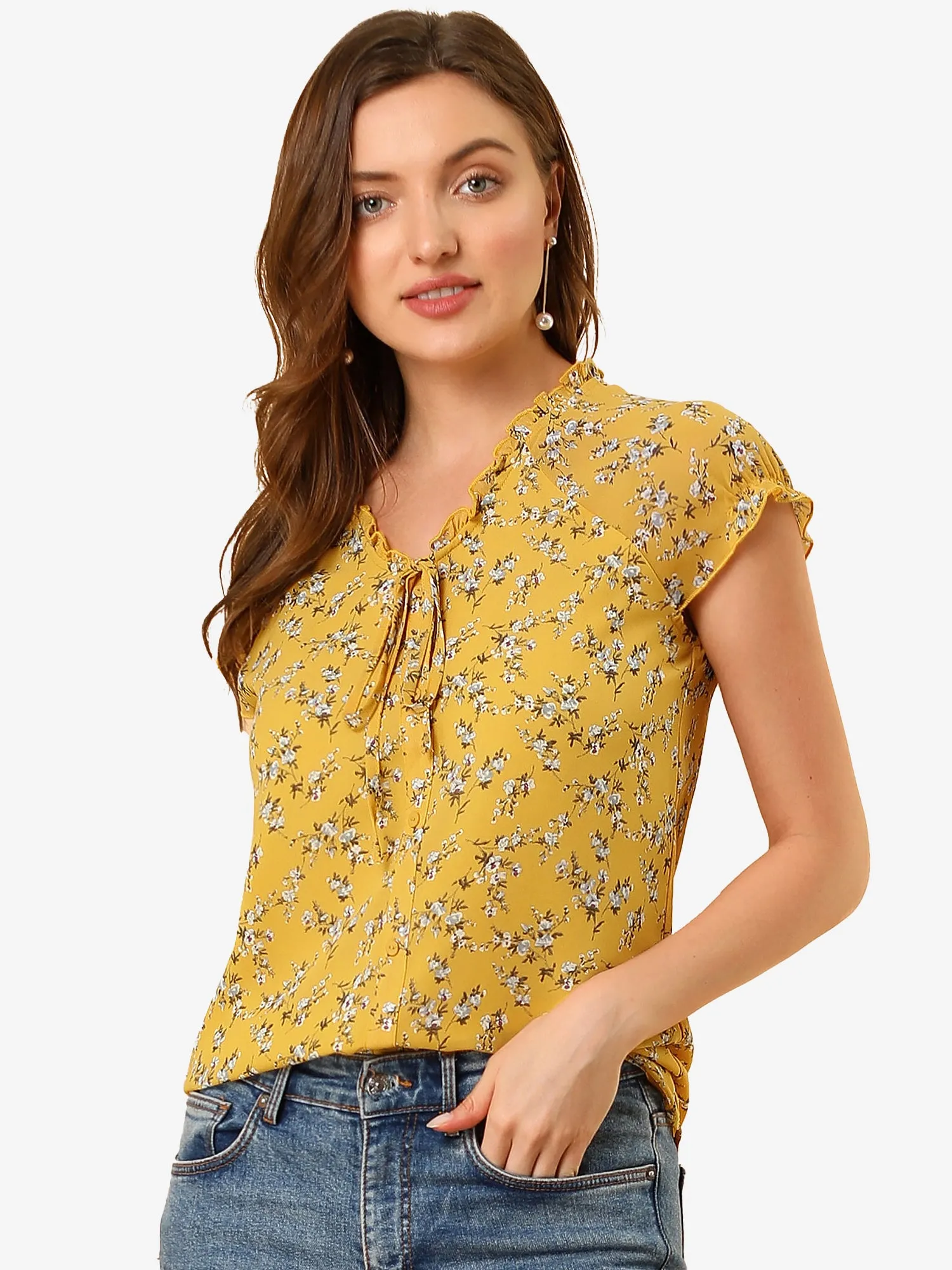 Ditsy Floral Print Chiffon Short Sleeve Ruffle Blouse
