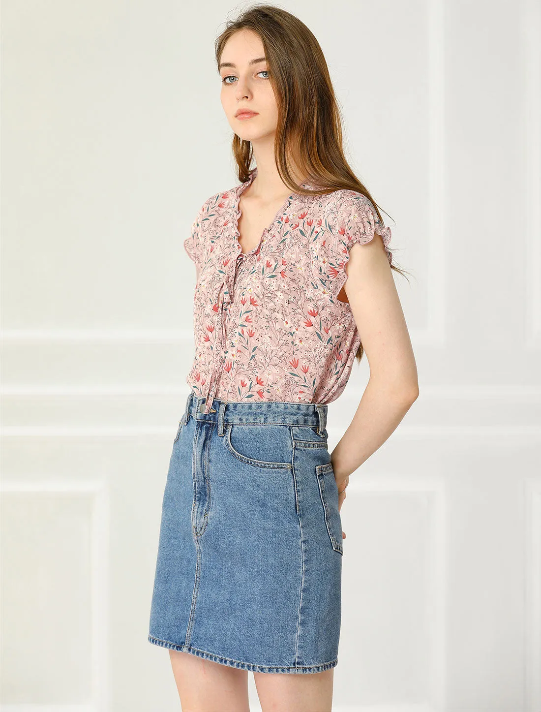 Ditsy Floral Print Chiffon Short Sleeve Ruffle Blouse