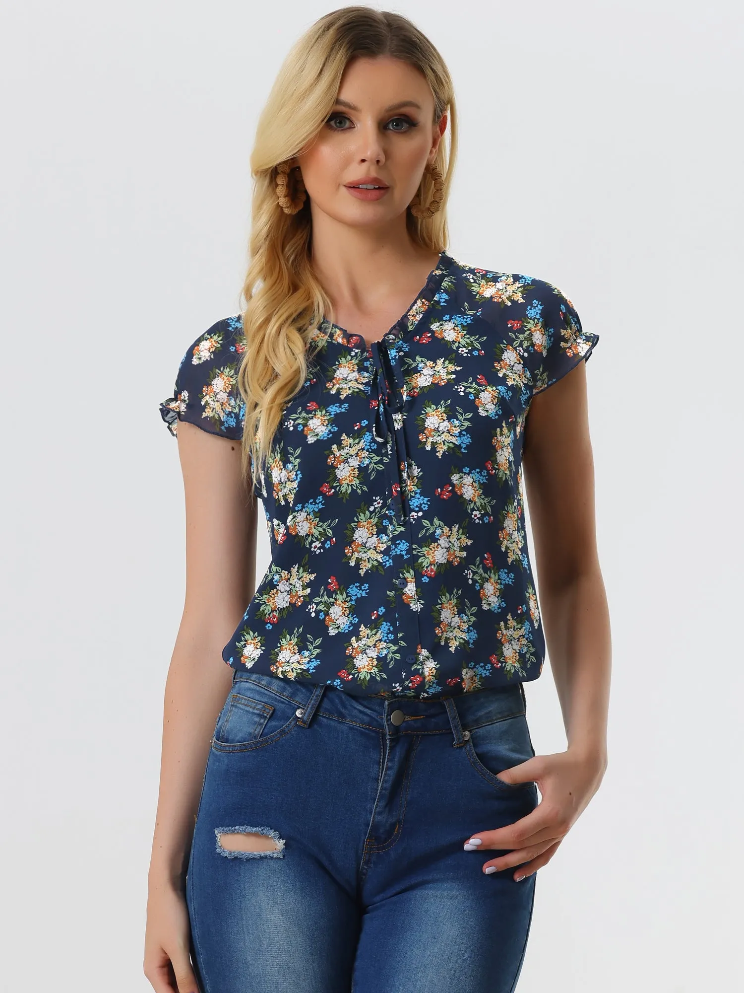 Ditsy Floral Print Chiffon Short Sleeve Ruffle Blouse