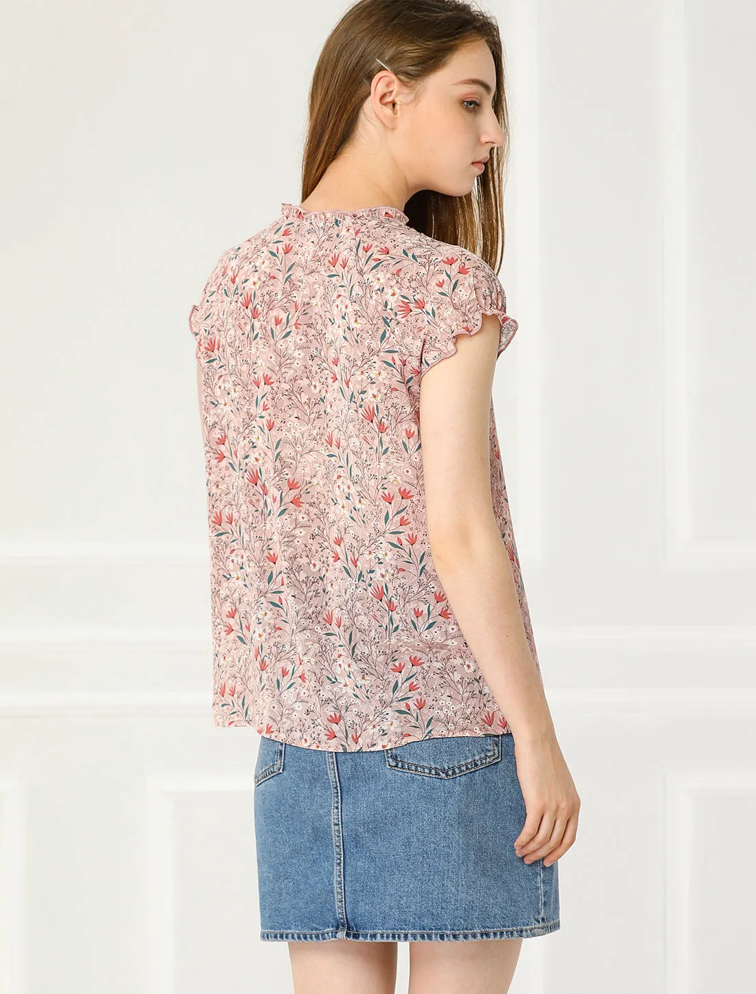 Ditsy Floral Print Chiffon Short Sleeve Ruffle Blouse