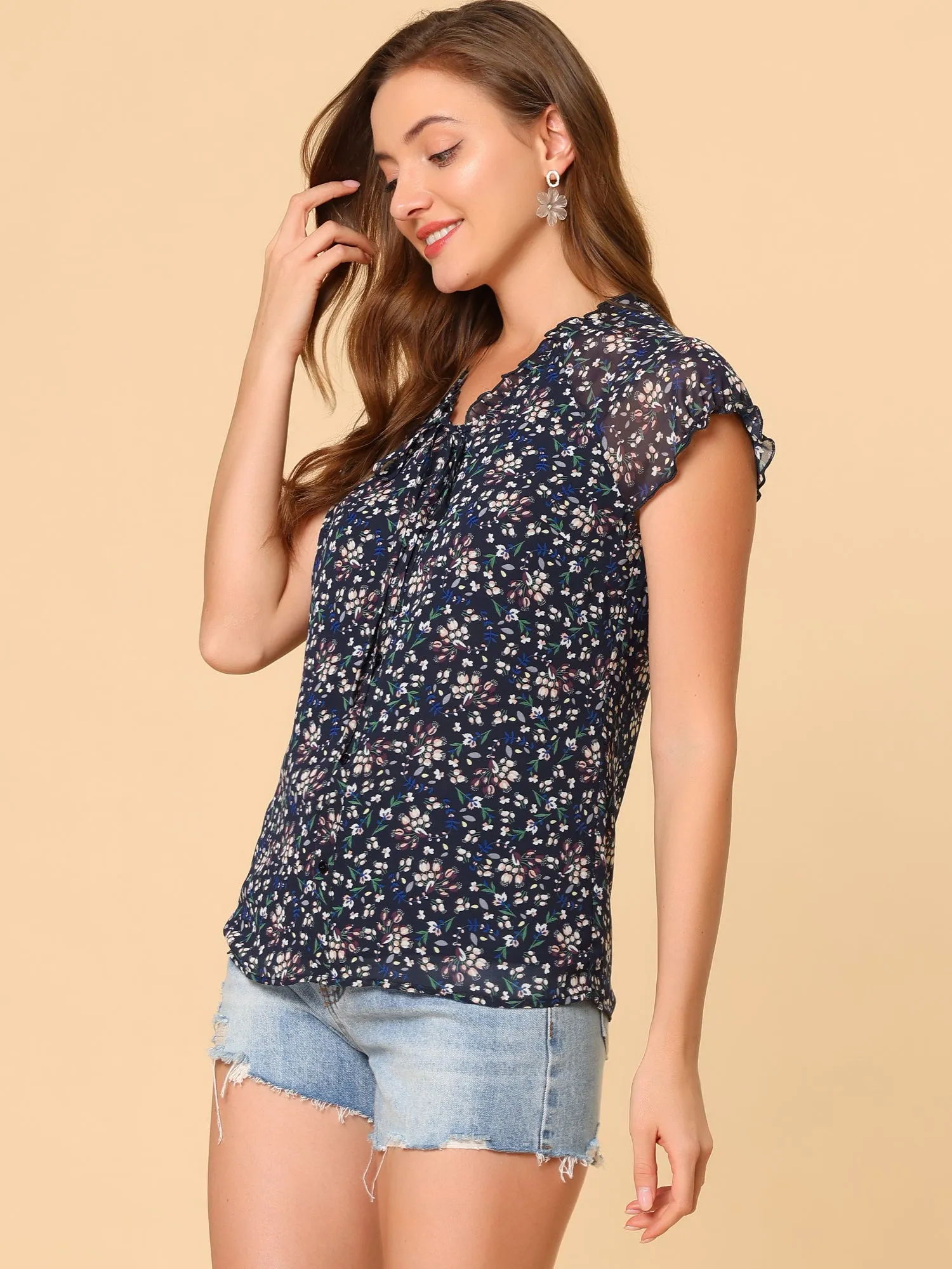 Ditsy Floral Print Chiffon Short Sleeve Ruffle Blouse