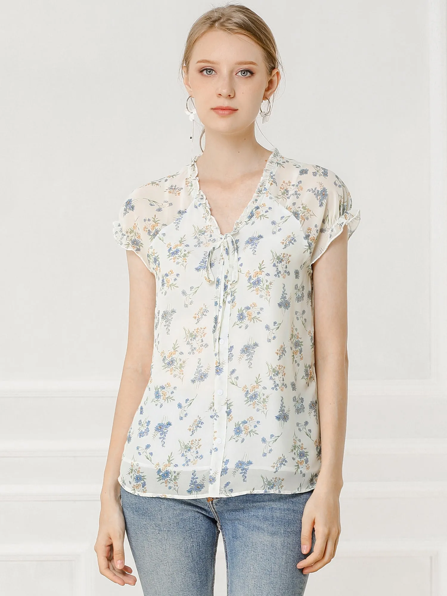 Ditsy Floral Print Chiffon Short Sleeve Ruffle Blouse