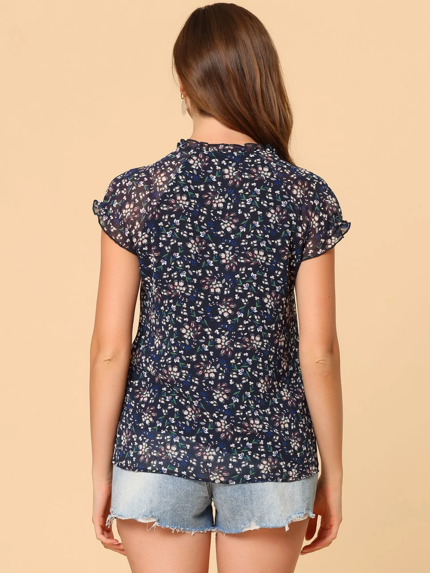 Ditsy Floral Print Chiffon Short Sleeve Ruffle Blouse