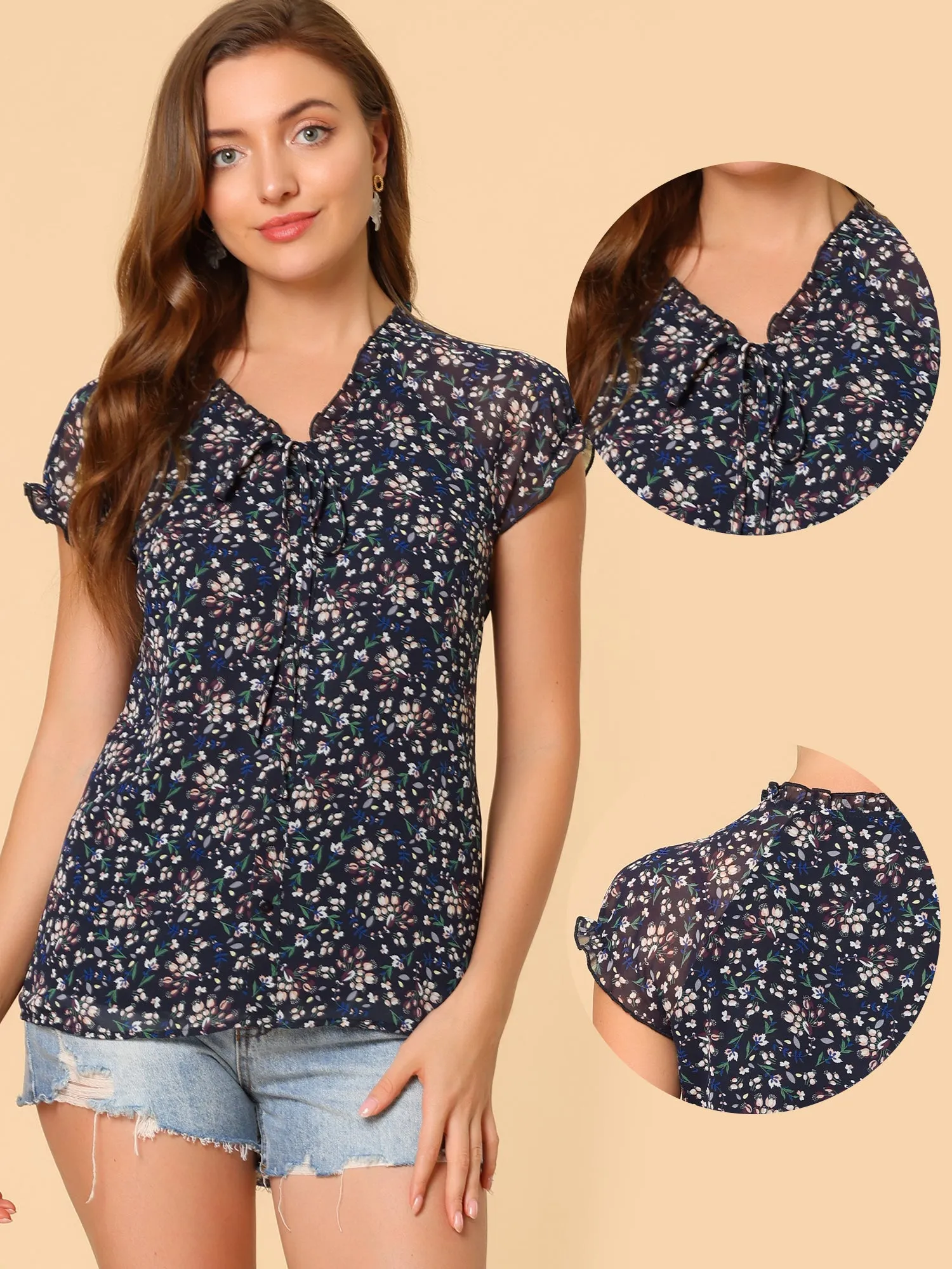 Ditsy Floral Print Chiffon Short Sleeve Ruffle Blouse