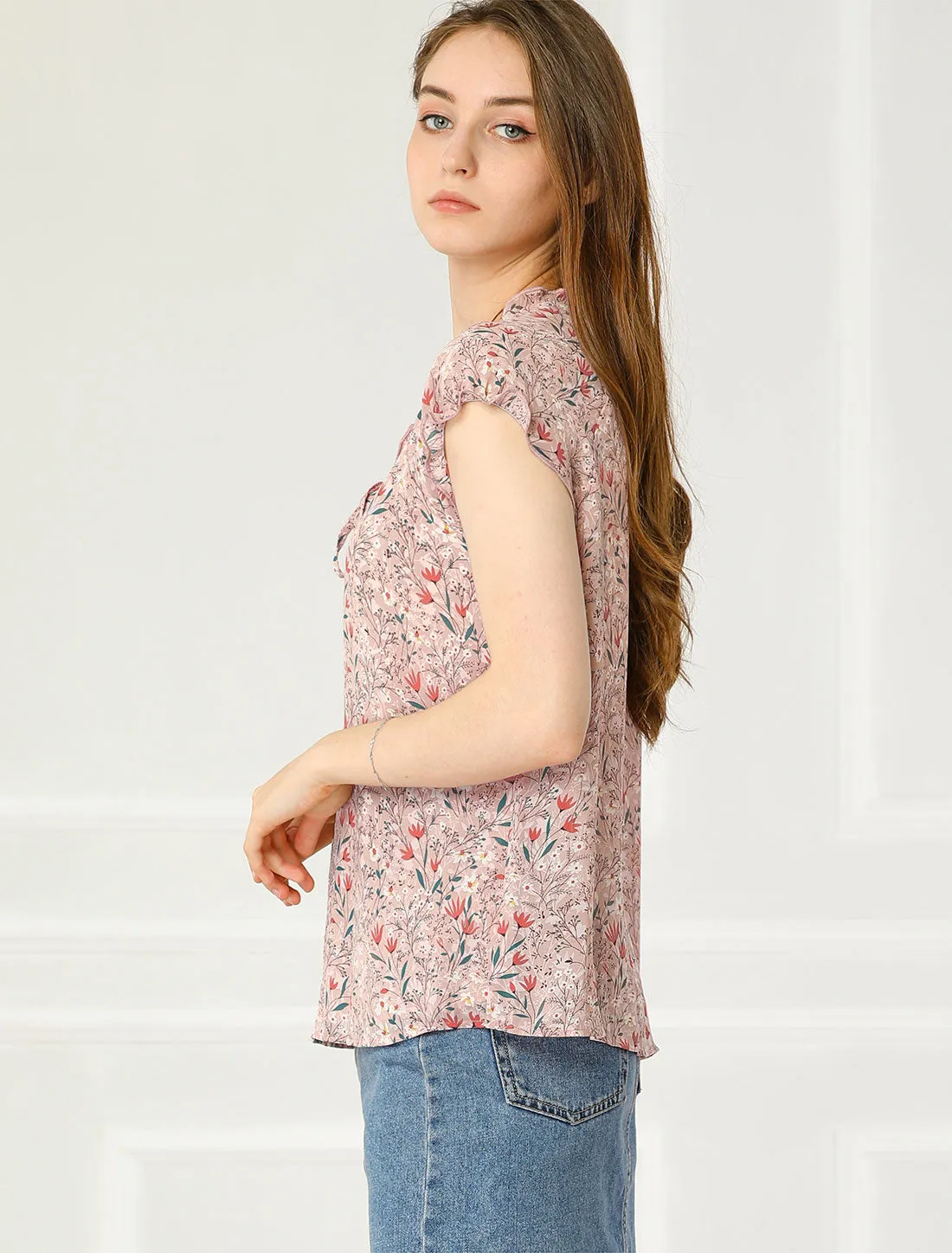 Ditsy Floral Print Chiffon Short Sleeve Ruffle Blouse