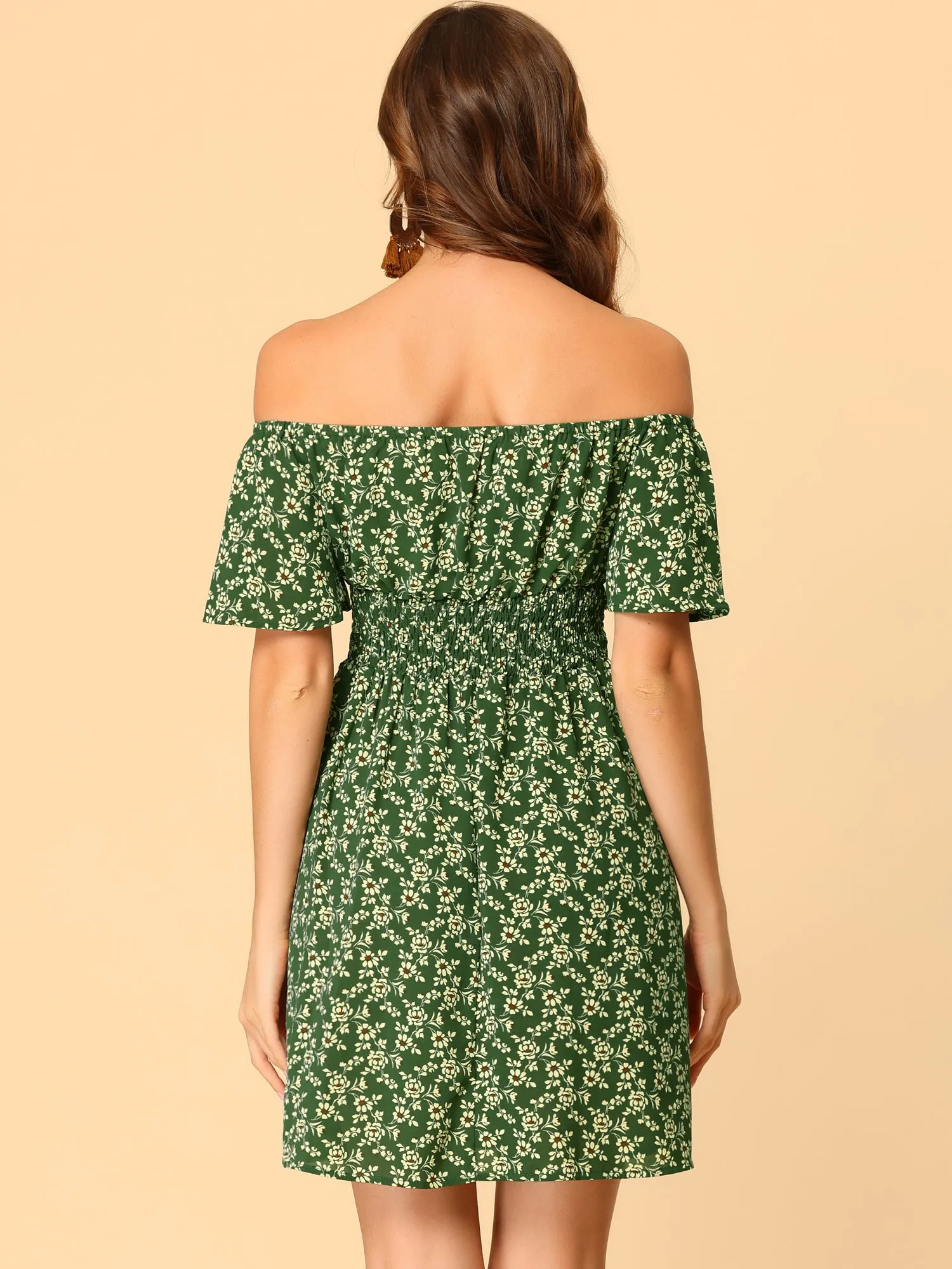 Ditsy Floral Summer Off Shoulder Chiffon Smocked Short Dress