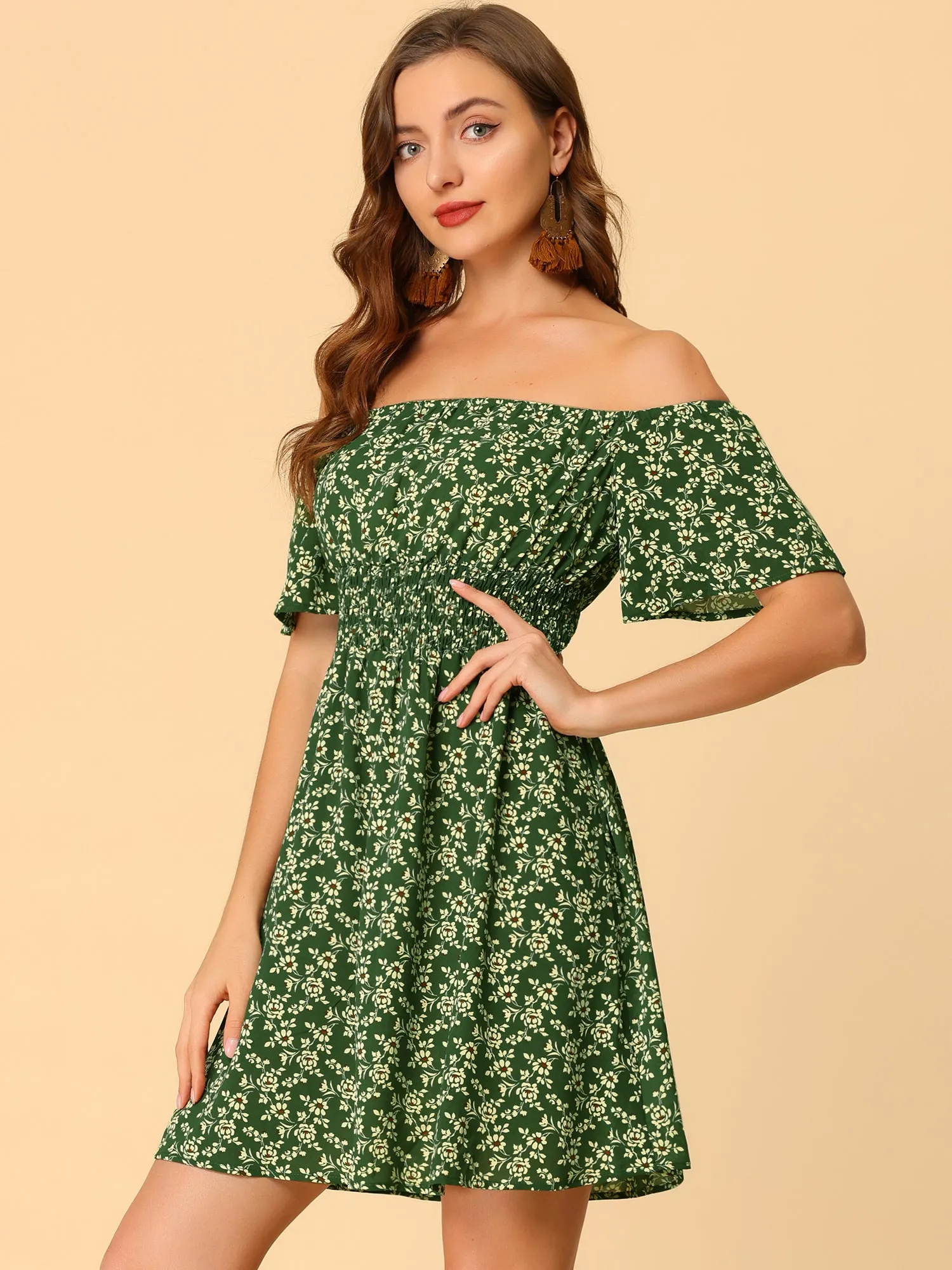 Ditsy Floral Summer Off Shoulder Chiffon Smocked Short Dress