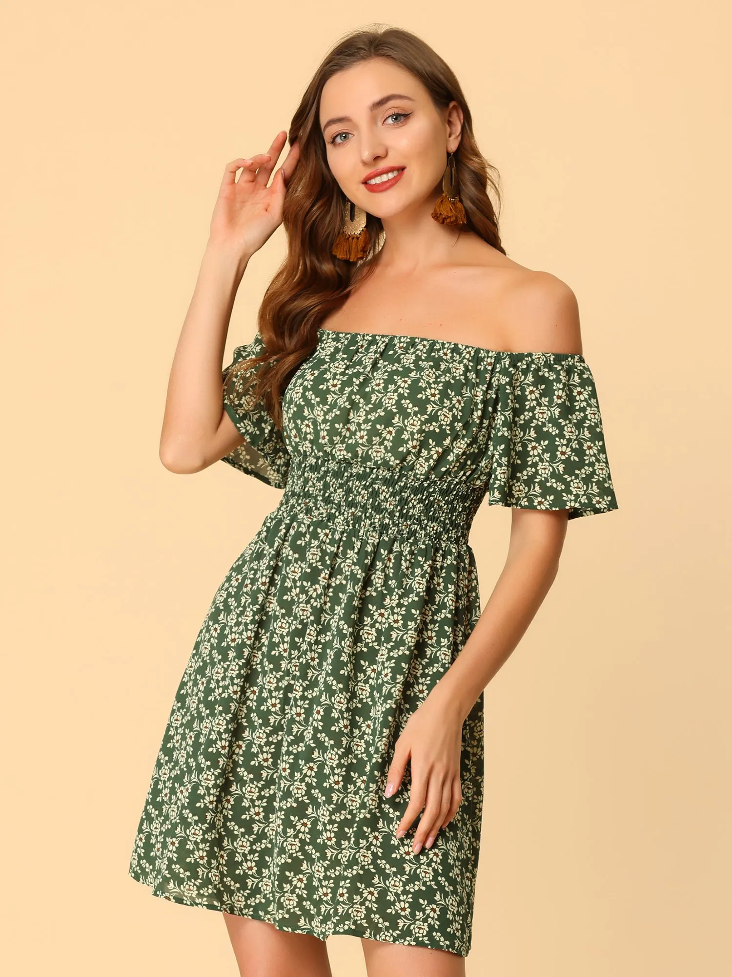 Ditsy Floral Summer Off Shoulder Chiffon Smocked Short Dress