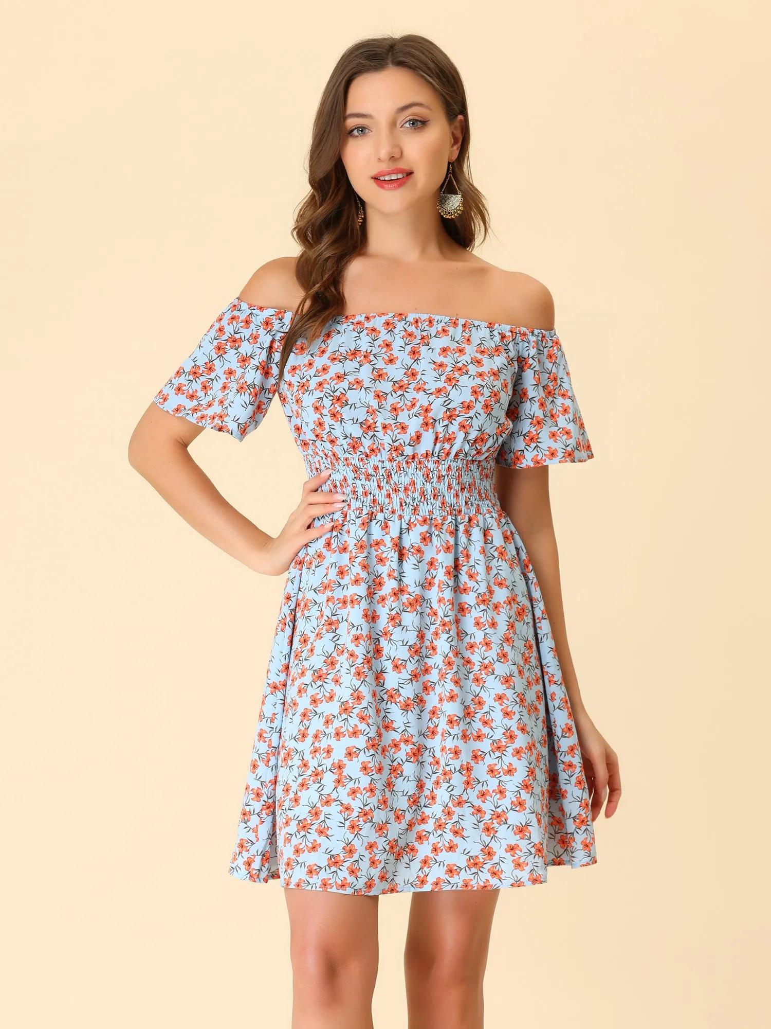 Ditsy Floral Summer Off Shoulder Chiffon Smocked Short Dress