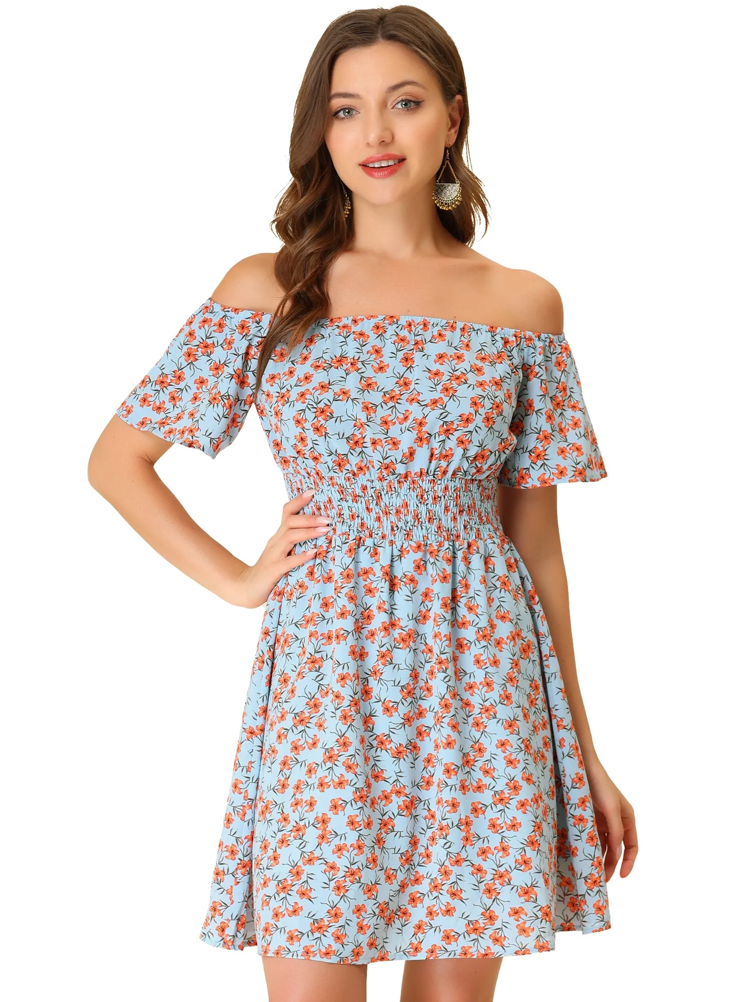 Ditsy Floral Summer Off Shoulder Chiffon Smocked Short Dress