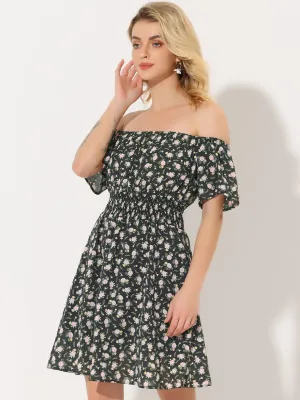 Ditsy Floral Summer Off Shoulder Chiffon Smocked Short Dress