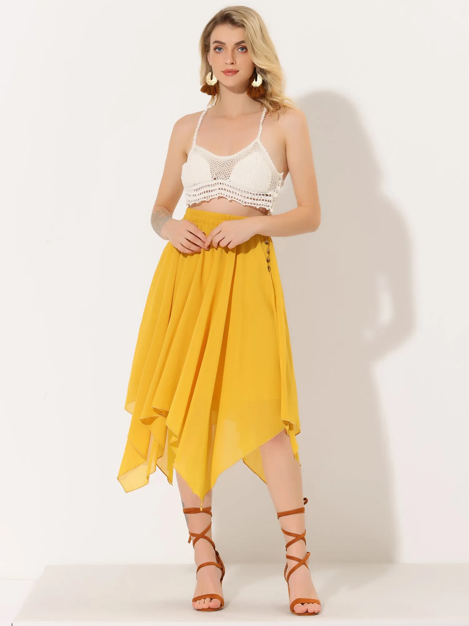 Elastic Waist Chiffon Handkerchief Hem Midi Skirt
