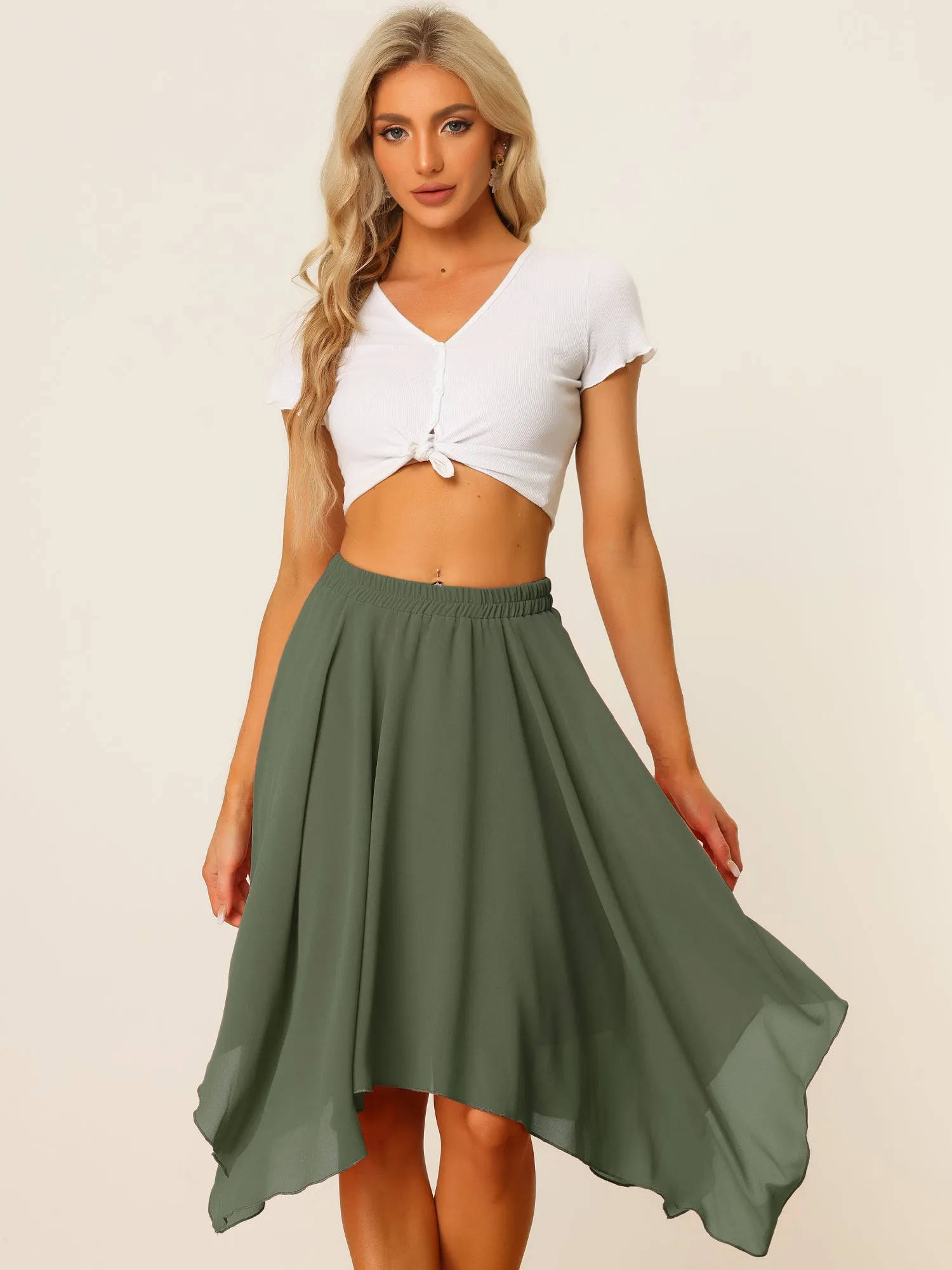 Elastic Waist Chiffon Handkerchief Hem Midi Skirt