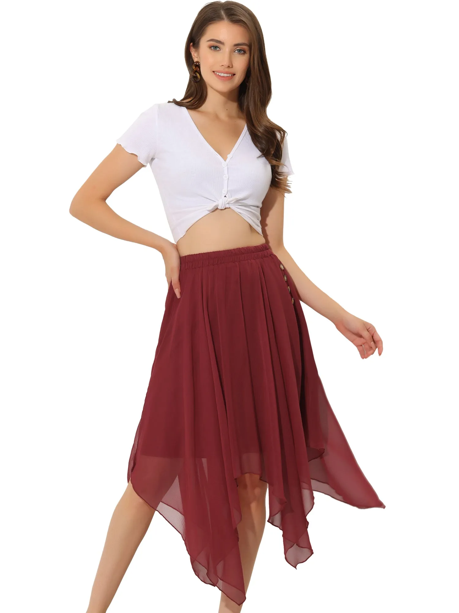 Elastic Waist Chiffon Handkerchief Hem Midi Skirt