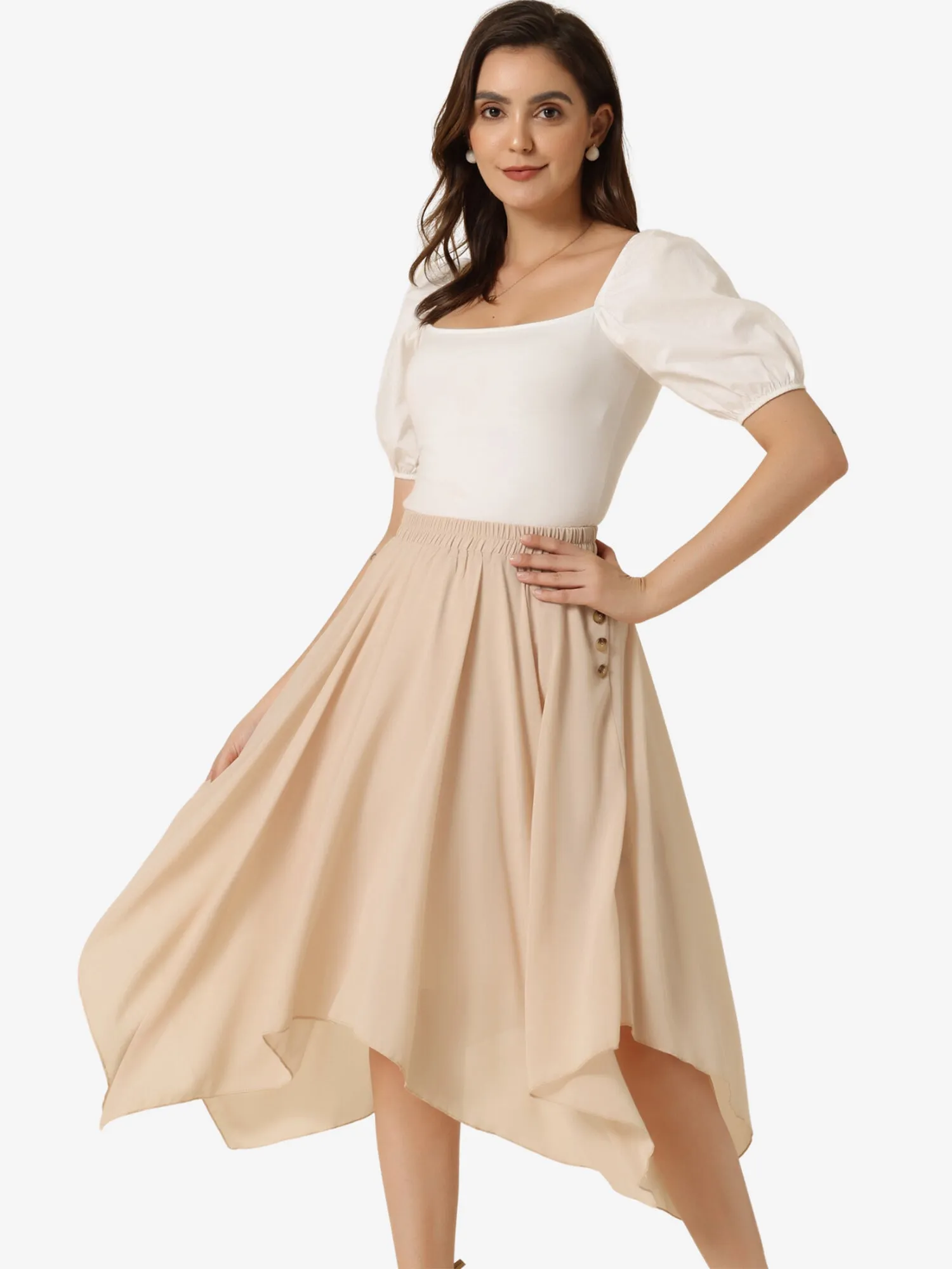 Elastic Waist Chiffon Handkerchief Hem Midi Skirt