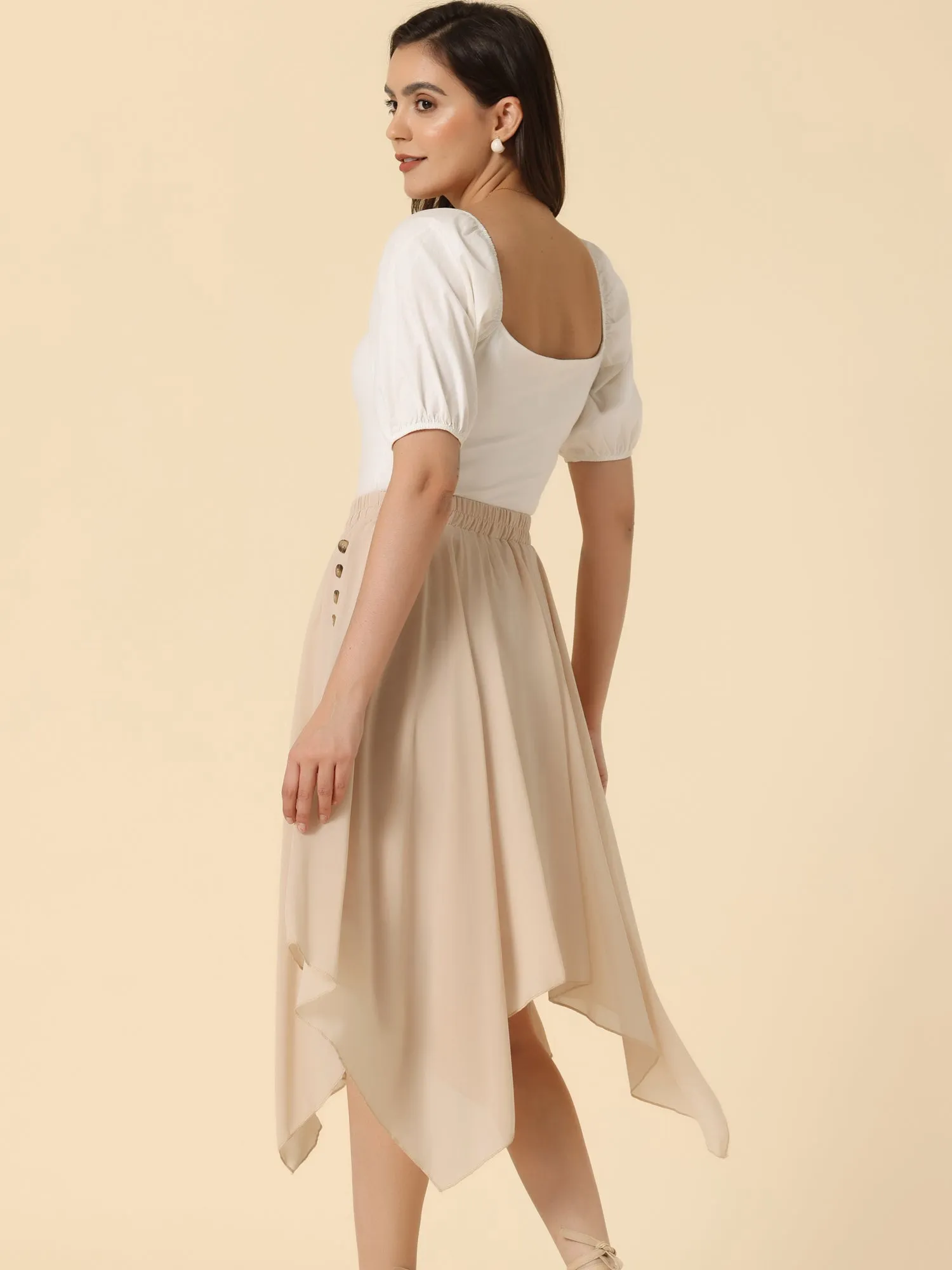 Elastic Waist Chiffon Handkerchief Hem Midi Skirt