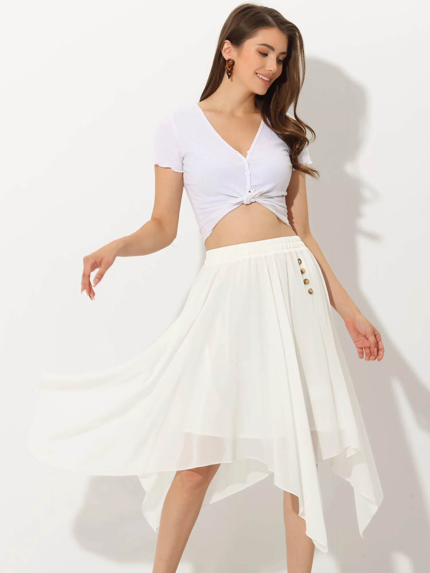 Elastic Waist Chiffon Handkerchief Hem Midi Skirt