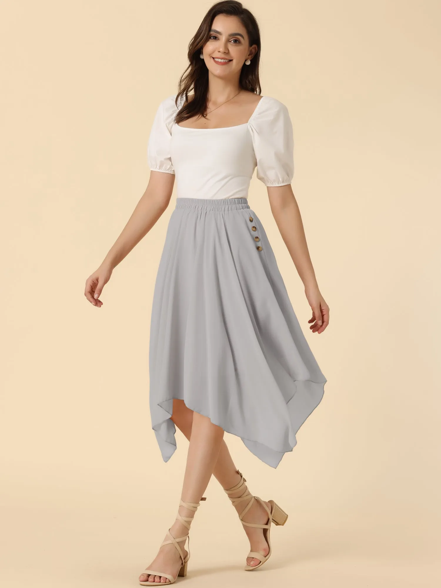 Elastic Waist Chiffon Handkerchief Hem Midi Skirt