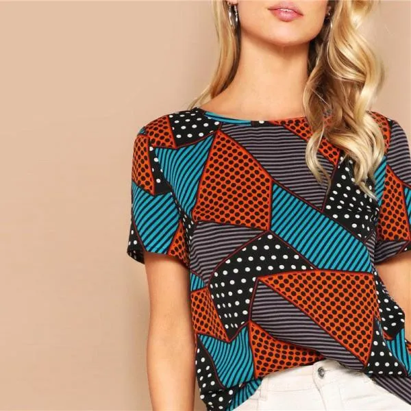 Geometric And Polka-Dot Print Women Tops And Blouses Lady Summer Multicolor Casual Streetwear Basic Blouse Woman Clothes