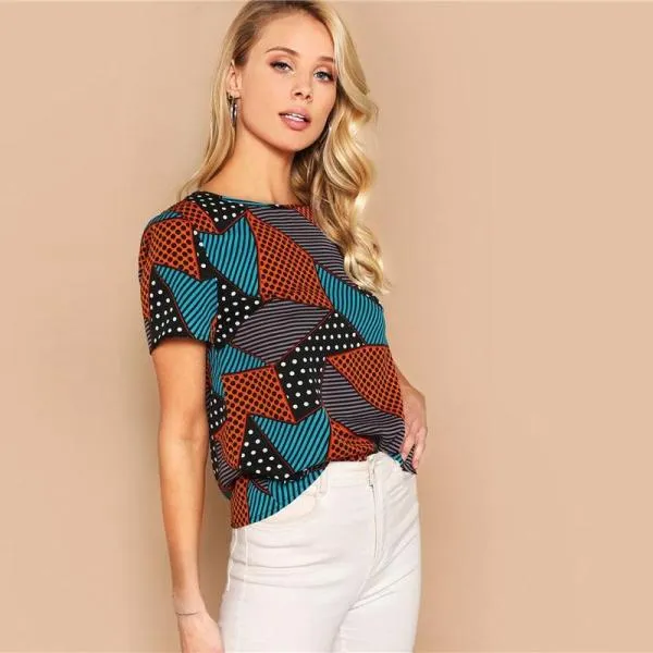 Geometric And Polka-Dot Print Women Tops And Blouses Lady Summer Multicolor Casual Streetwear Basic Blouse Woman Clothes